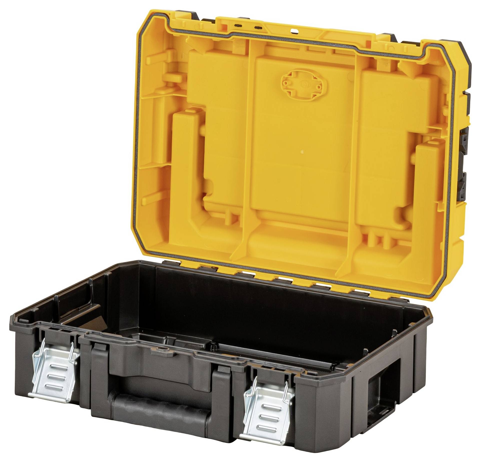 Eine offene gelb-schwarze Werkzeugkiste mit Griff und Metallverschlüssen, die einen leeren Innenraum zeigt, zum Aufbewahren von Werkzeugen.