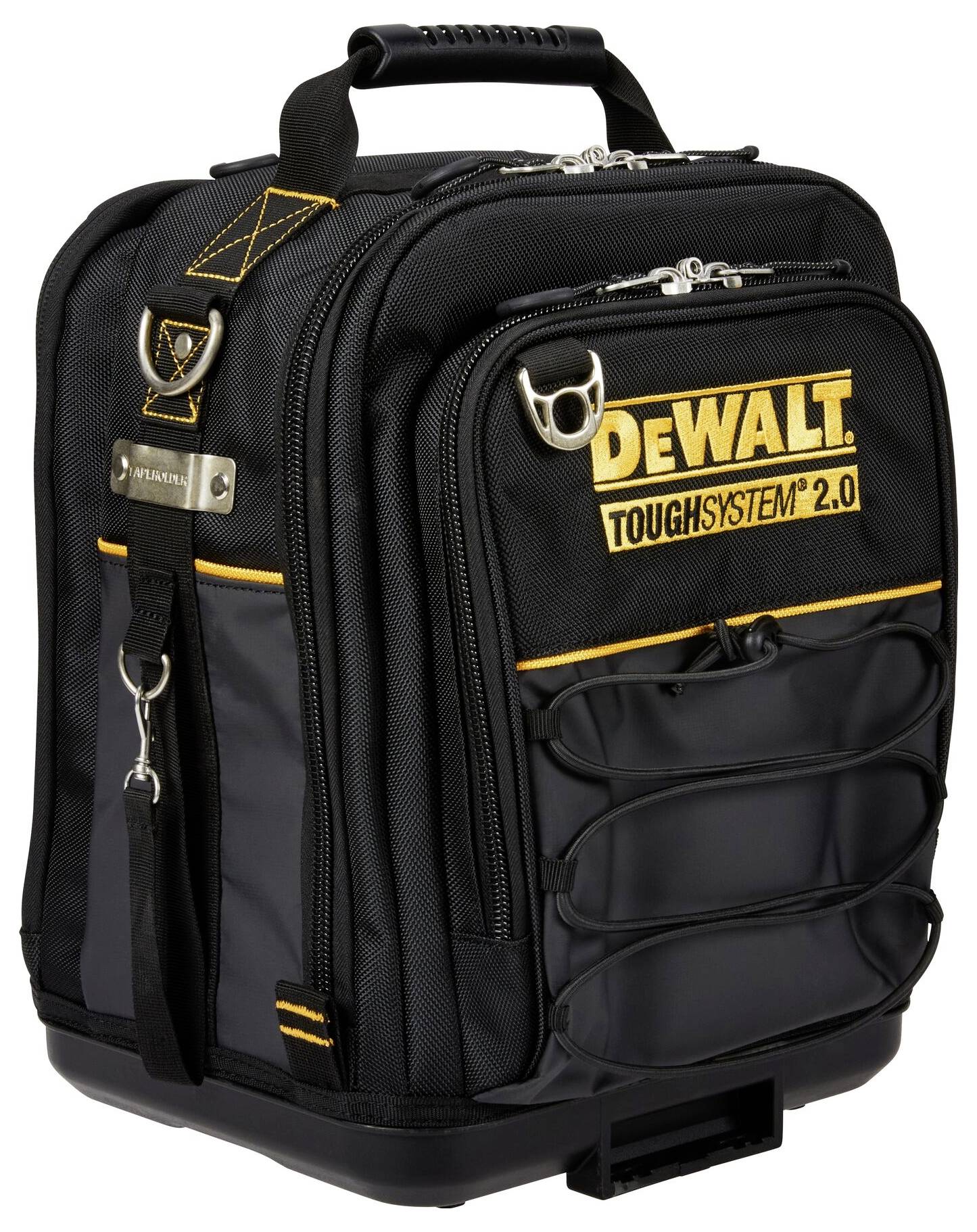 Ein schwarzer und grauer DeWalt ToughSystem 2.0 Rucksack zur Werkzeuglagerung mit mehreren Fächern, einer starren Basis und einem oberen Tragegriff.