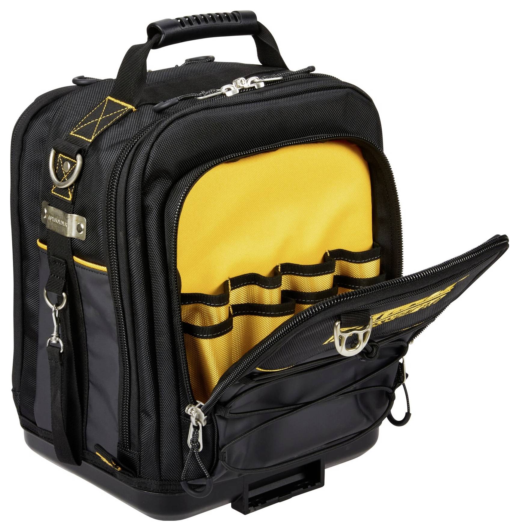 Ein schwarz-gelber Werkzeugrucksack mit mehreren Taschen und Fächern, einschließlich einer vorderen Reißverschlusstasche mit organisierten Aufbewahrungsplätzen.