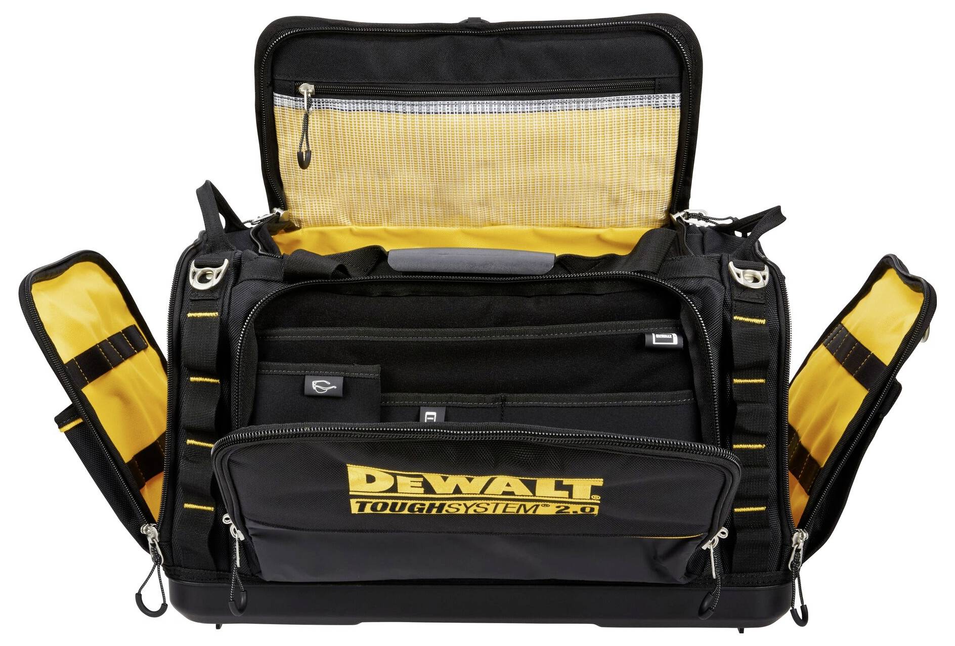 Schwarze und gelbe Werkzeugtasche mit mehreren Fächern und DEWALT-Branding, geöffnet, um Innentaschen zur Organisation zu zeigen.