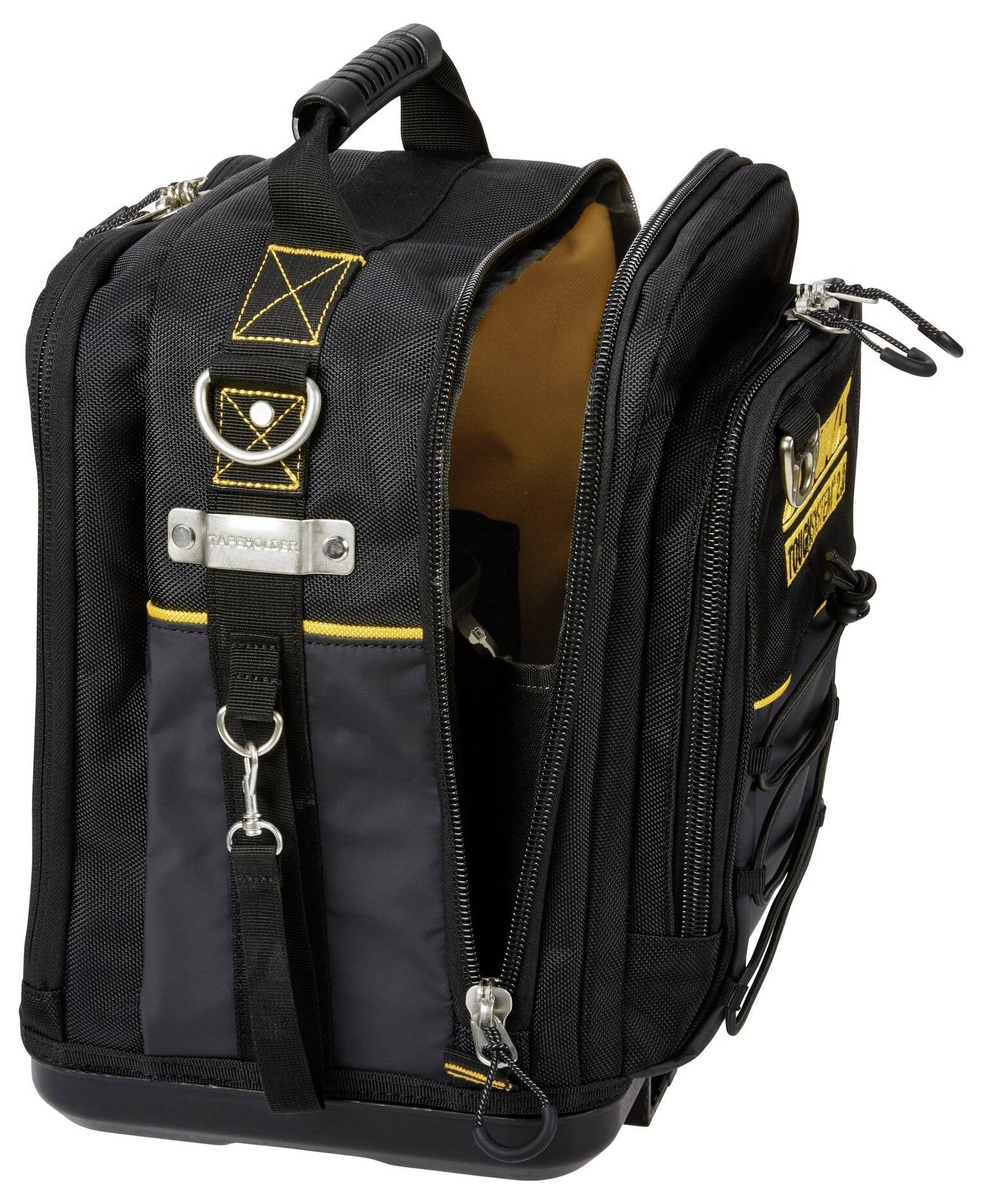 Ein schwarzer und gelber Werkzeugrucksack mit mehreren Reißverschlussfächern, einem robusten Tragegriff oben und Aufhängebügeln zum Transportieren von Ausrüstung.