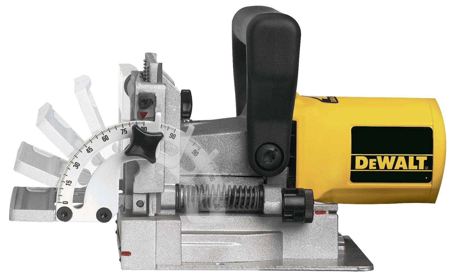 Das Bild zeigt einen gelben und silbernen DeWalt-Lamellenstanzerkombiner mit einem verstellbaren Zaun, der zum Schneiden von Schlitzen in Holzverbindungen verwendet wird.