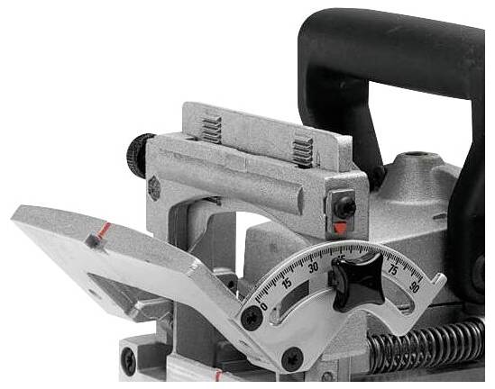 Ein Metall-Biscuitverbinder-Werkzeug mit einstellbarem Winkelführung für Holzbearbeitungspräzision, ausgestattet mit schwarzem Griff für besseren Halt.