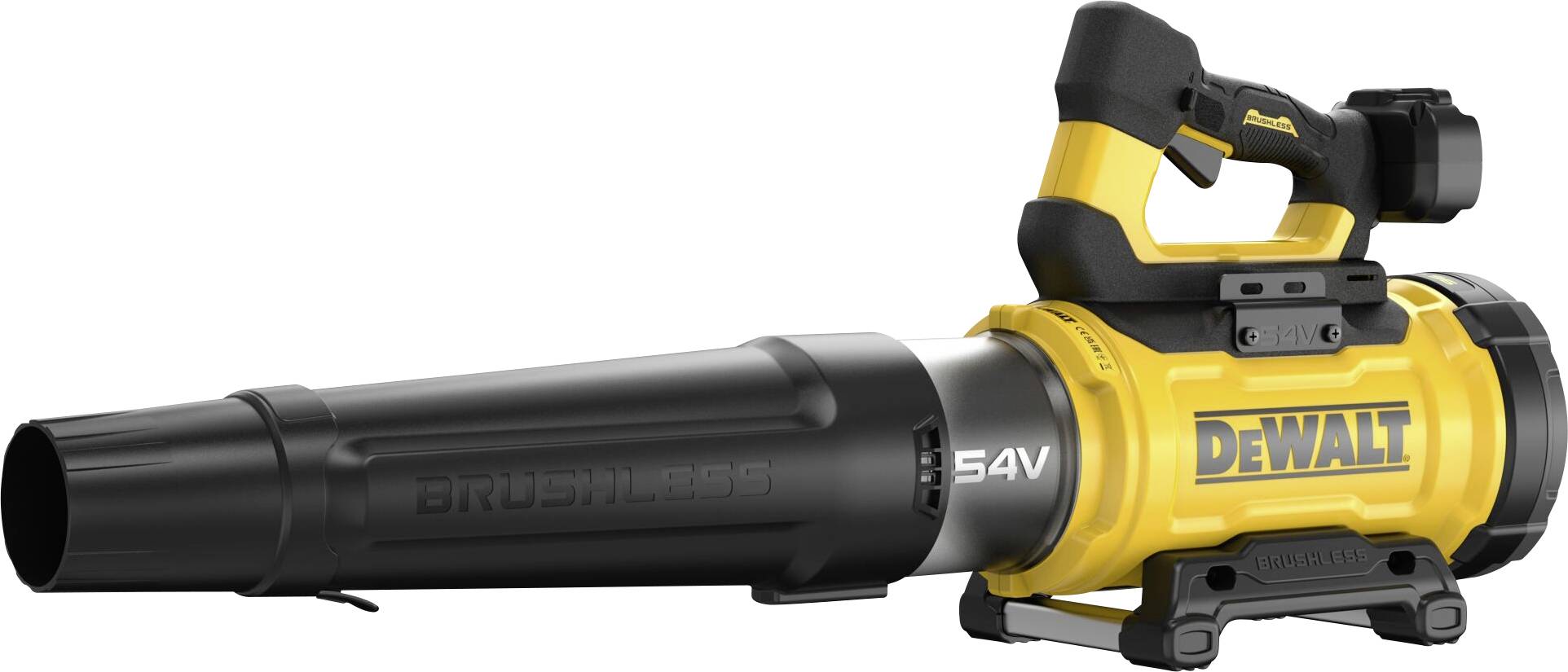 DEWALT 54V bürstenloser Laubblaser mit schwarzer Düse und gelbem Gehäuse, konstruiert für effiziente Außenreinigungsaufgaben.