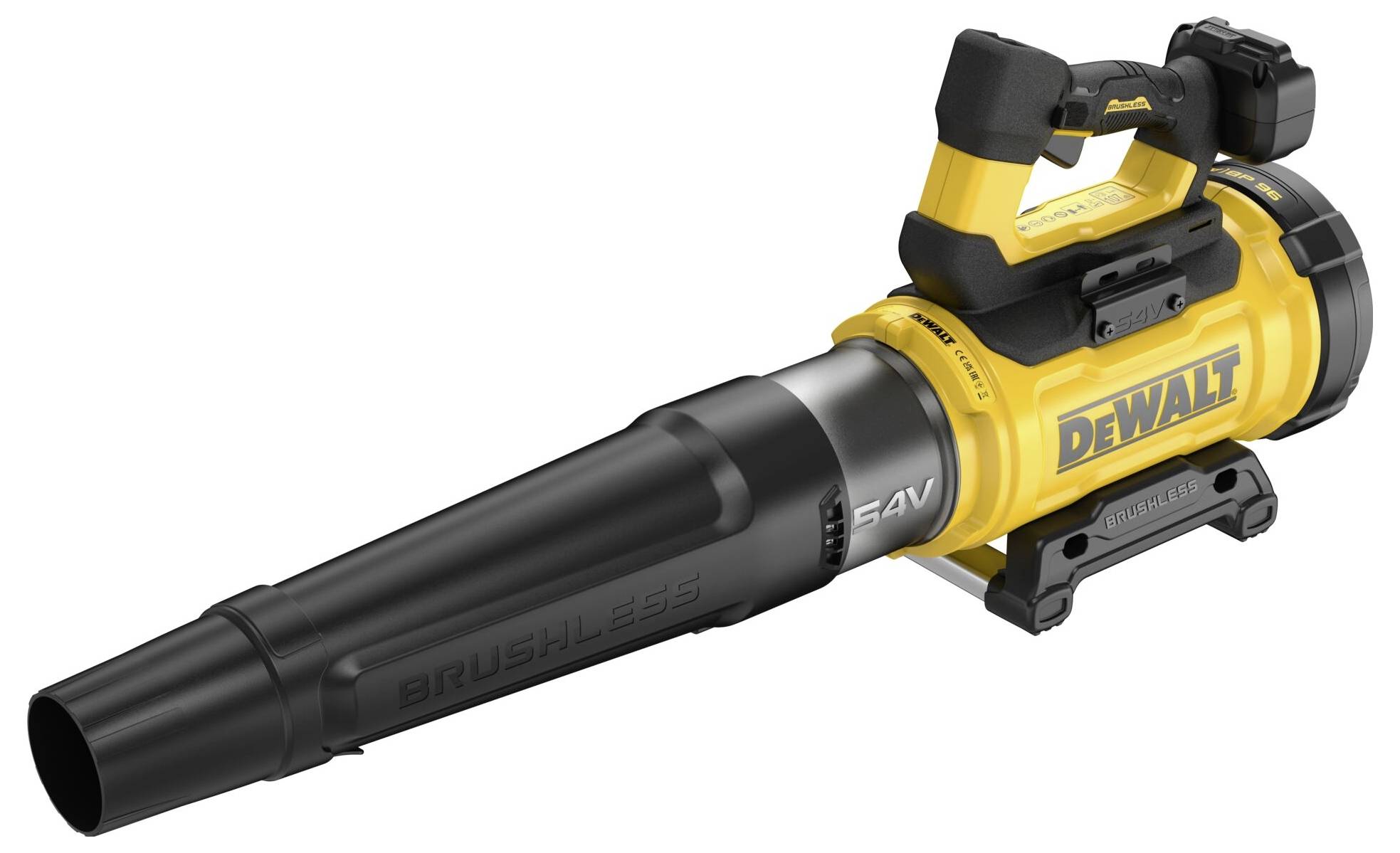 DeWalt akkubetriebener Laubgebläse, gelb und schwarz, mit ergonomischem Griff und bürstenlosem Motor, für die Verwendung im Freien konzipiert.