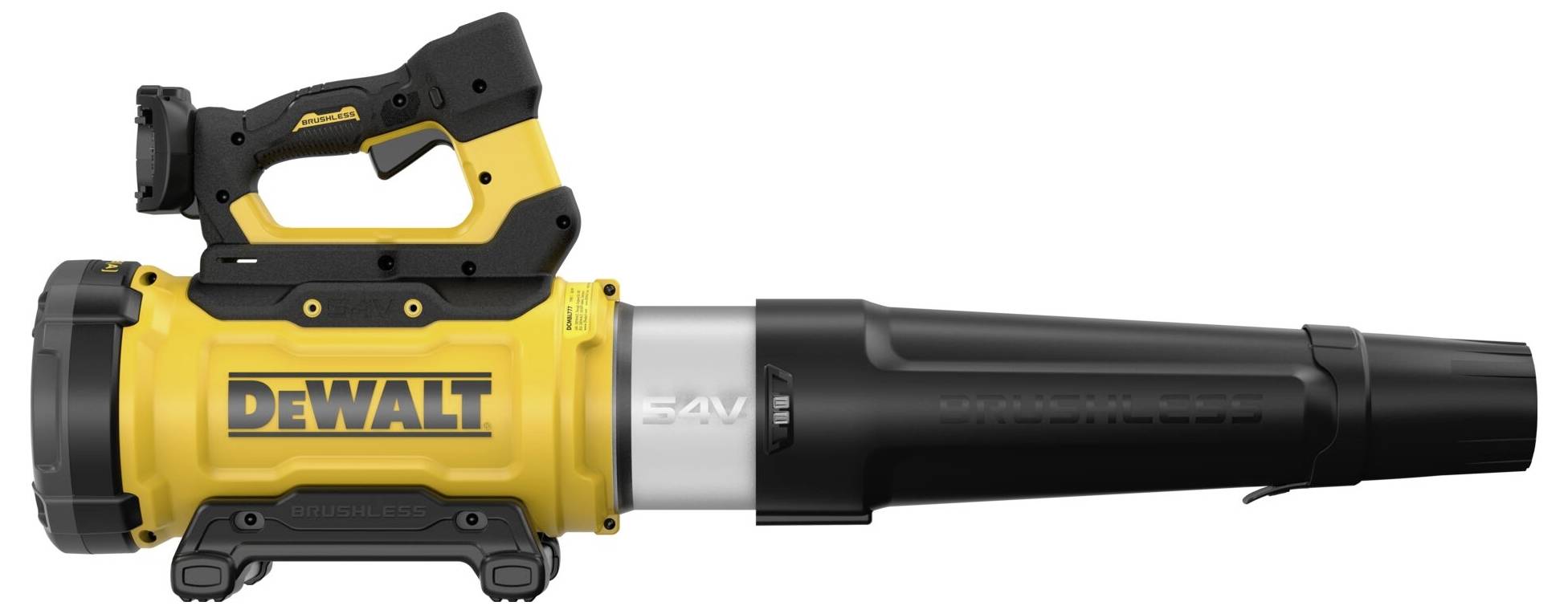 Ein gelber und schwarzer DeWalt Akku-Laubgebläse mit 54V Batterie, mit ergonomischem Griff und Düse zur Lenkung des Luftstroms.