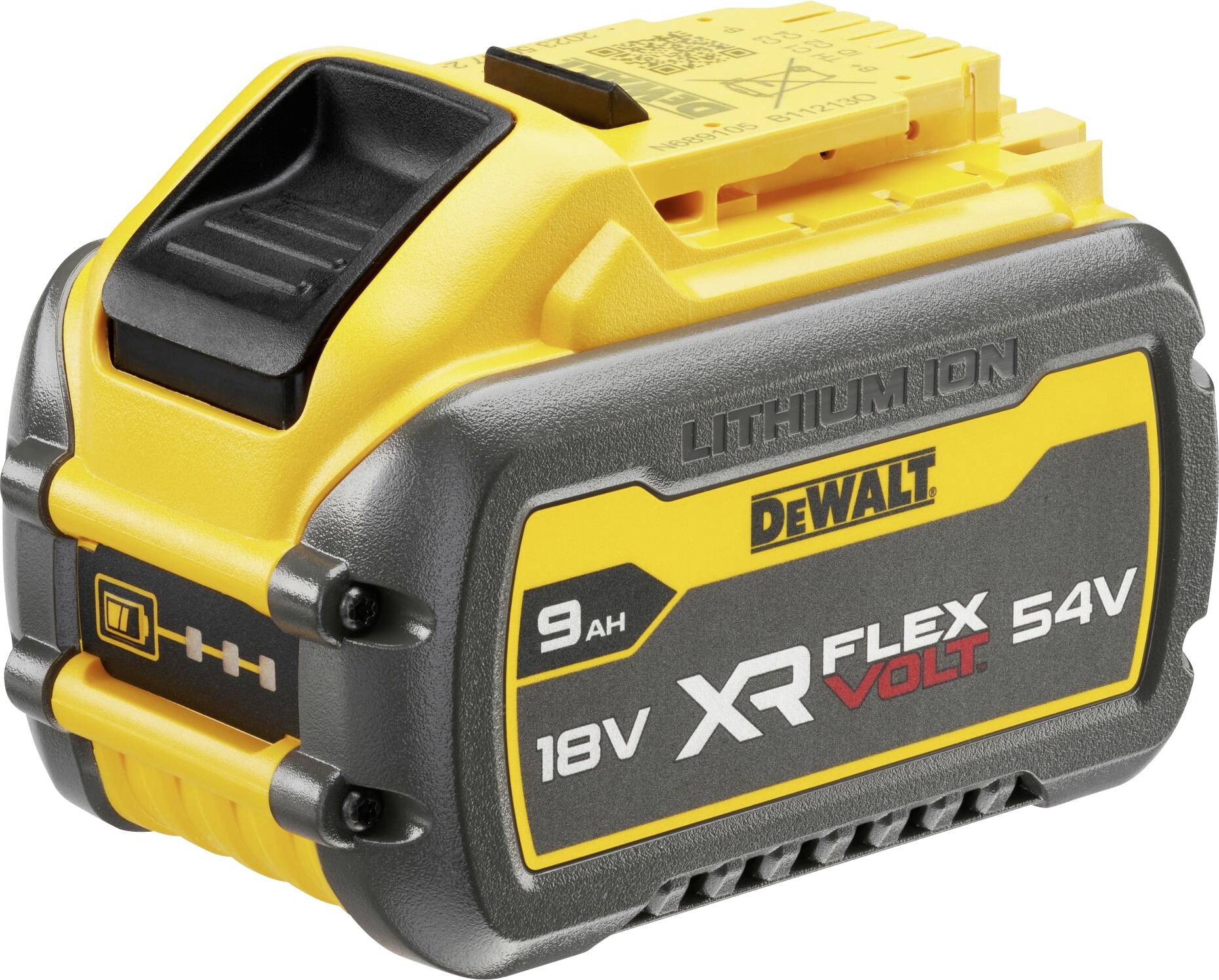 Dewalt 18V XR Flexvolt 54V 9Ah Lithium-Ionen-Akku mit schwarzem und gelbem Gehäuse, zeigt Produktmarkenzeichen und Spezifikationen.