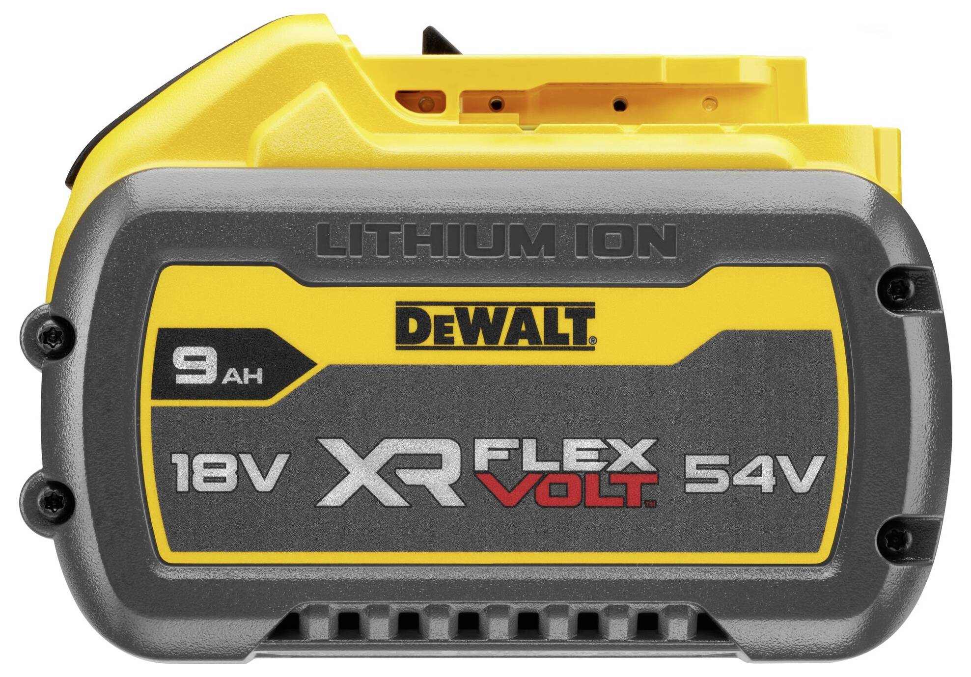 Eine gelb-schwarze DeWalt-Lithium-Ionen-Batterie mit der Aufschrift „18V XR FLEXVOLT 54V 9 AH