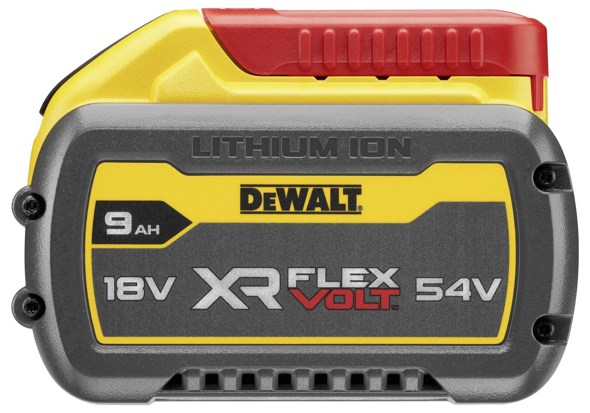 „DeWalt 18V XR FlexVolt 54V Lithium-Ionen-Akku, 9Ah Kapazität, mit gelbem und rotem Design.