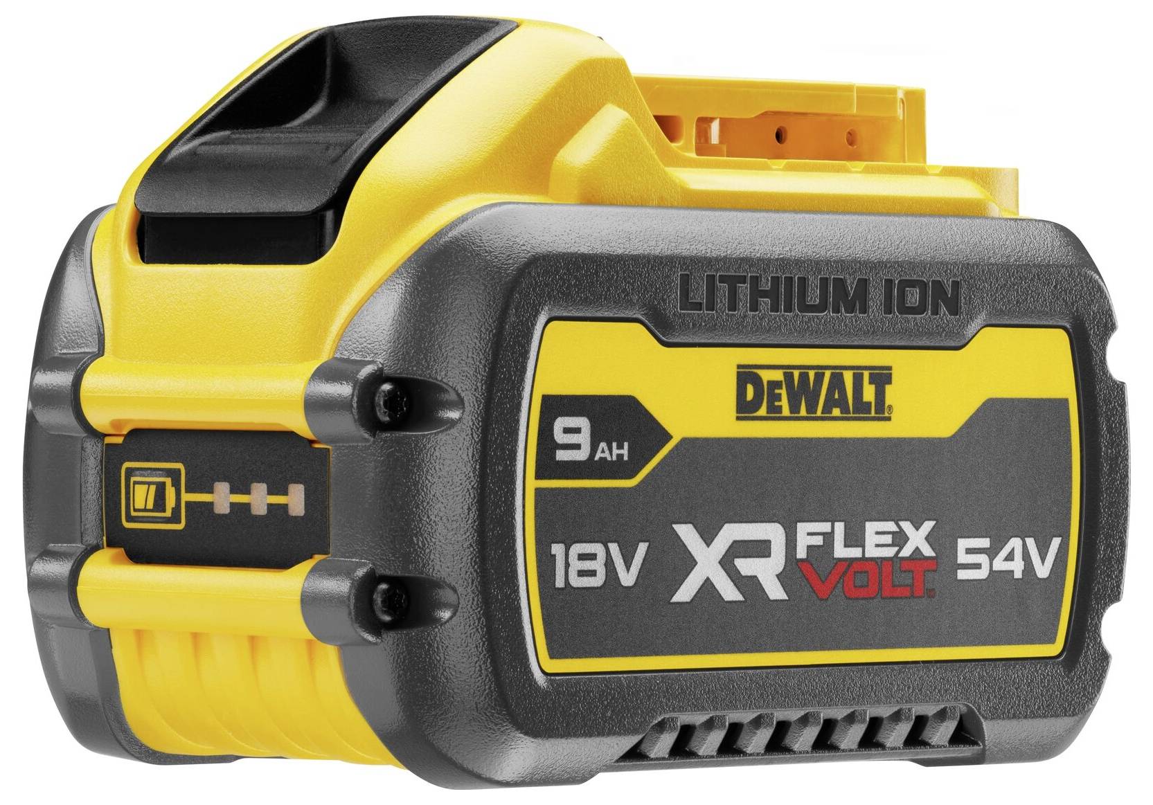 DEWALT 18V XR FLEXVOLT 54V 9AH Lithium-Ionen-Batterie in Gelb und Schwarz mit Kapazitätsanzeige.