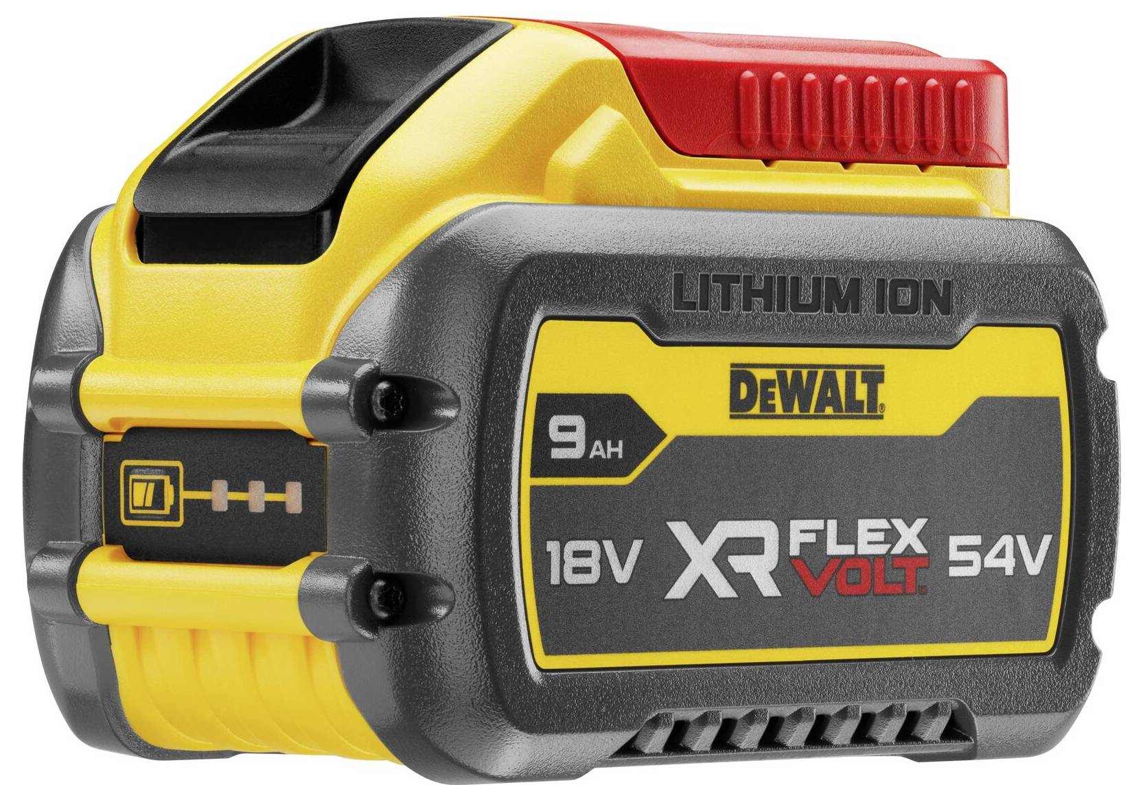 Eine gelb-schwarze Lithium-Ionen-Batterie mit Text, der „18V XR Flex Volt 54V, 9AH