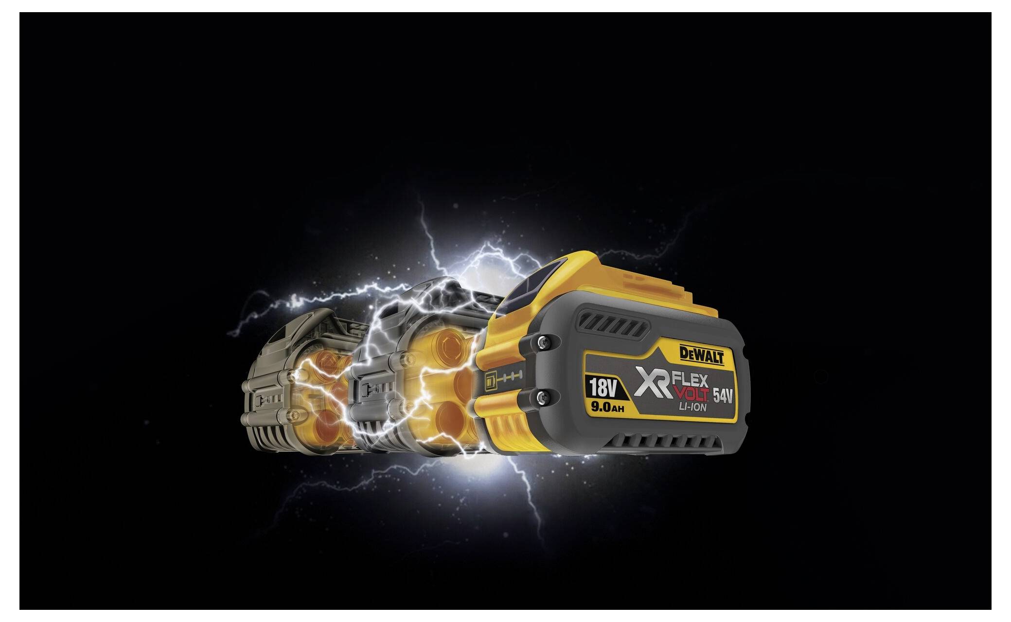Dewalt XR FLEXVOLT 18V bis 54V Batterie mit visueller Darstellung elektrischer Energie, die ein leistungsstarkes und vielseitiges Elektrowerkzeug-Zubehör zeigt.