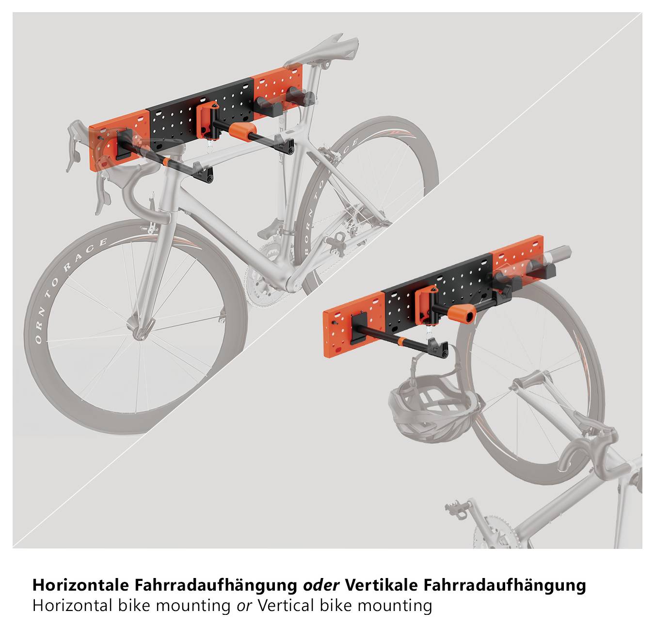 Diagramm mit horizontalen und vertikalen Fahrrad-Montagemöglichkeiten unter Verwendung eines Wandhalterungssystems. Enthält Montagelöcher und verstellbare Arme.