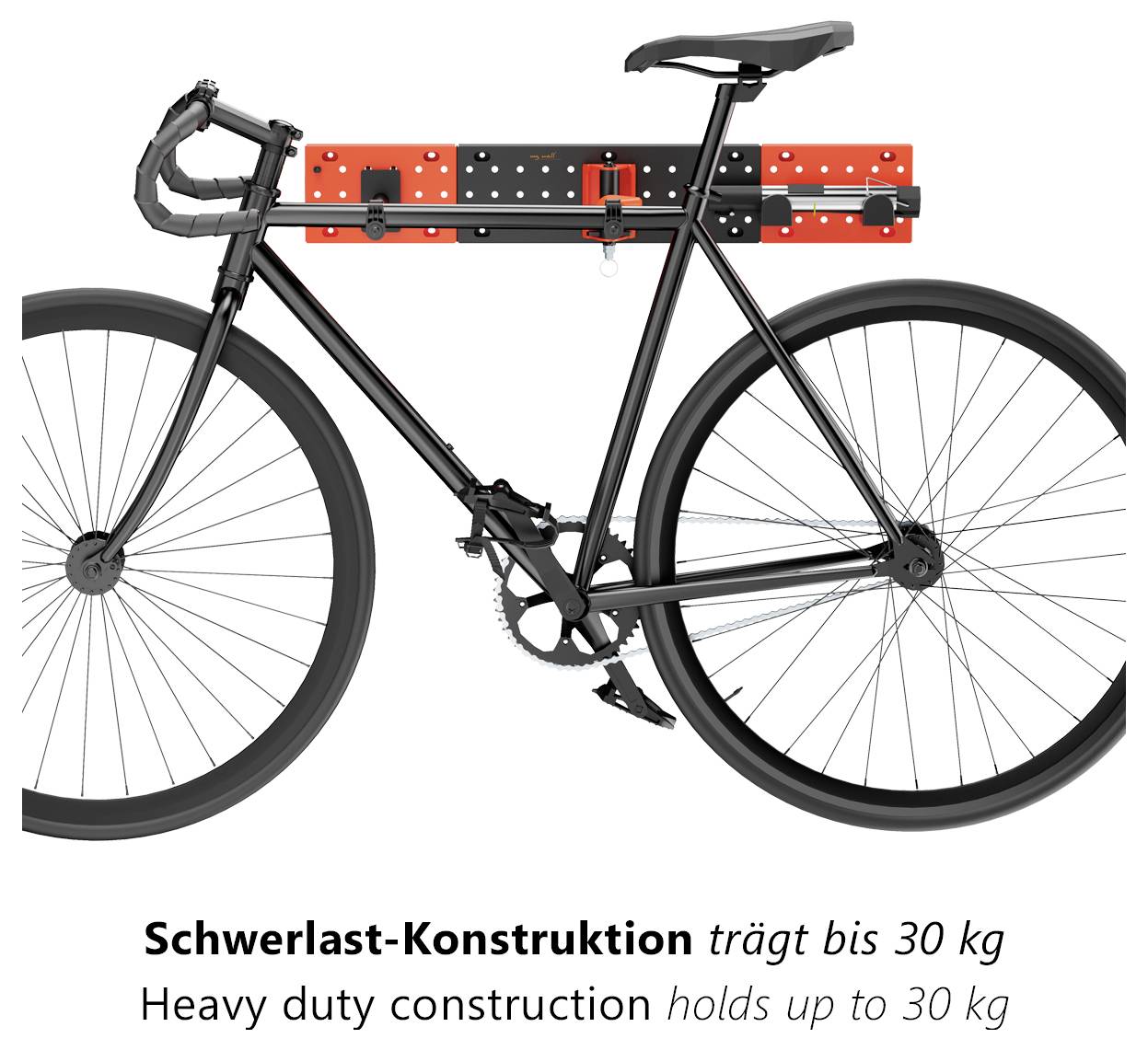 Ein Fahrrad mit einem auf dem Rahmen montierten rot-schwarzen Gepäckträger, entwickelt für strapazierfähige Nutzung, mit einer Tragfähigkeit von bis zu 30 kg.