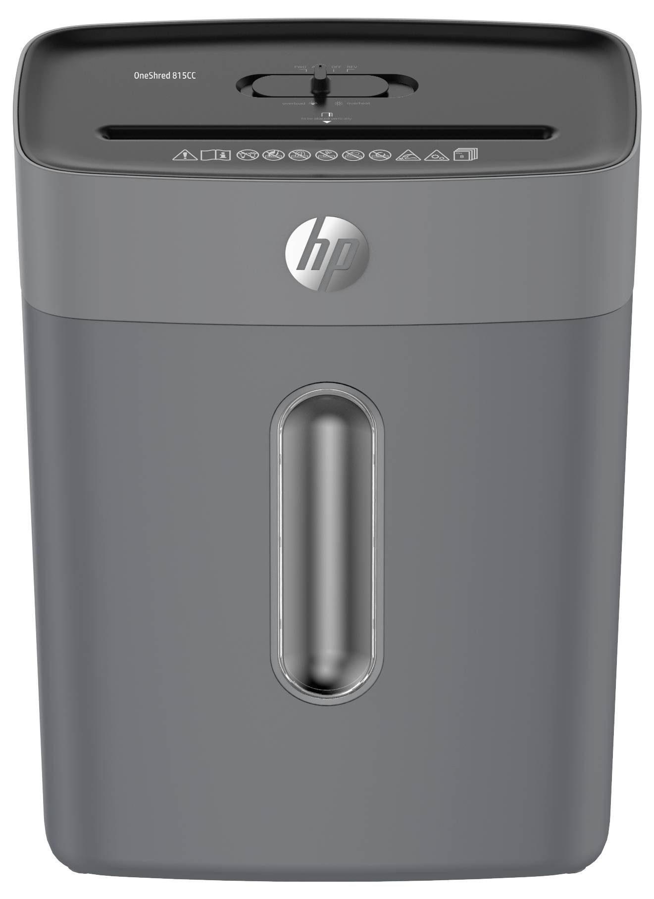 Ein grauer Papierschredder mit der Bezeichnung HP OneShred 8S12C verfügt über einen oberen Schlitz zum Einführen von Papier und ein transparentes Frontpanel zur Überwachung der Kapazität des geschredderten Papiers.