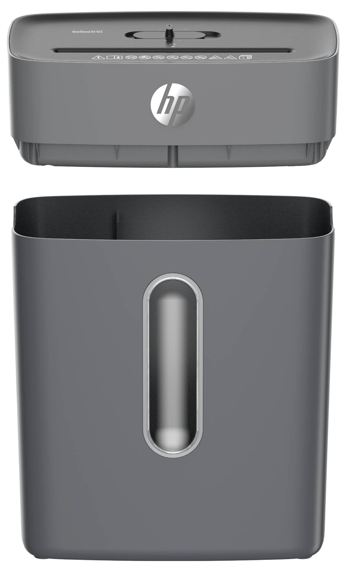 HP-Papierschredder mit eleganter Ausführung, ausgestattet mit einer oben angebrachten Schneideinheit und einem abnehmbaren Abfallbehälter mit transparentem Sichtfenster.