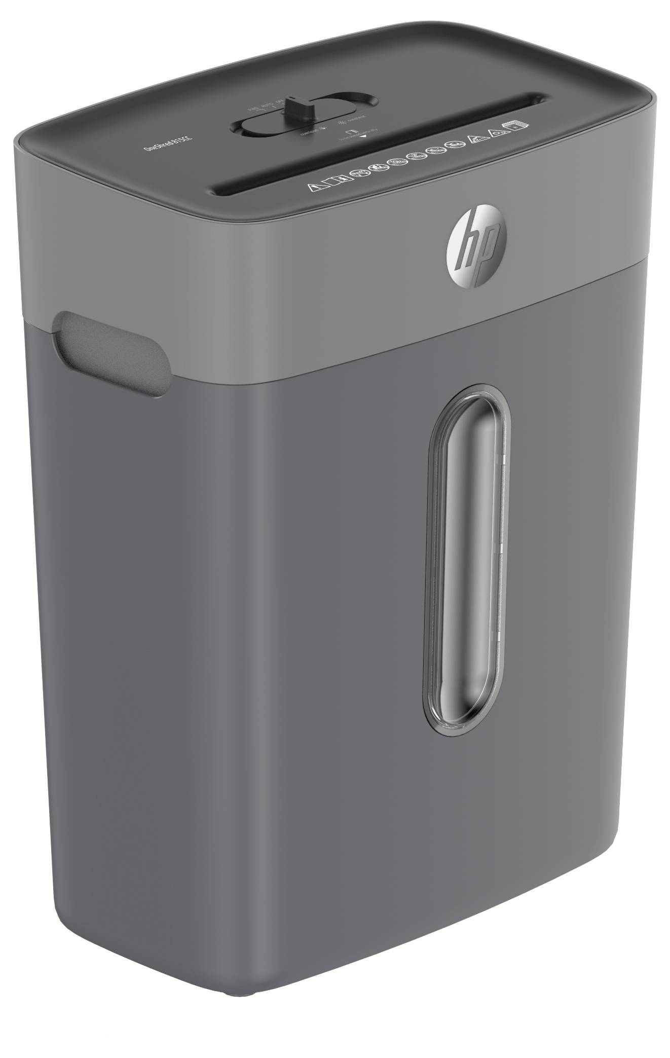 Ein kompakter, dunkelgrauer Papierschredder mit einem Schlitz oben und einem durchsichtigen Fenster an der Vorderseite zur Kontrolle des Inhalts.