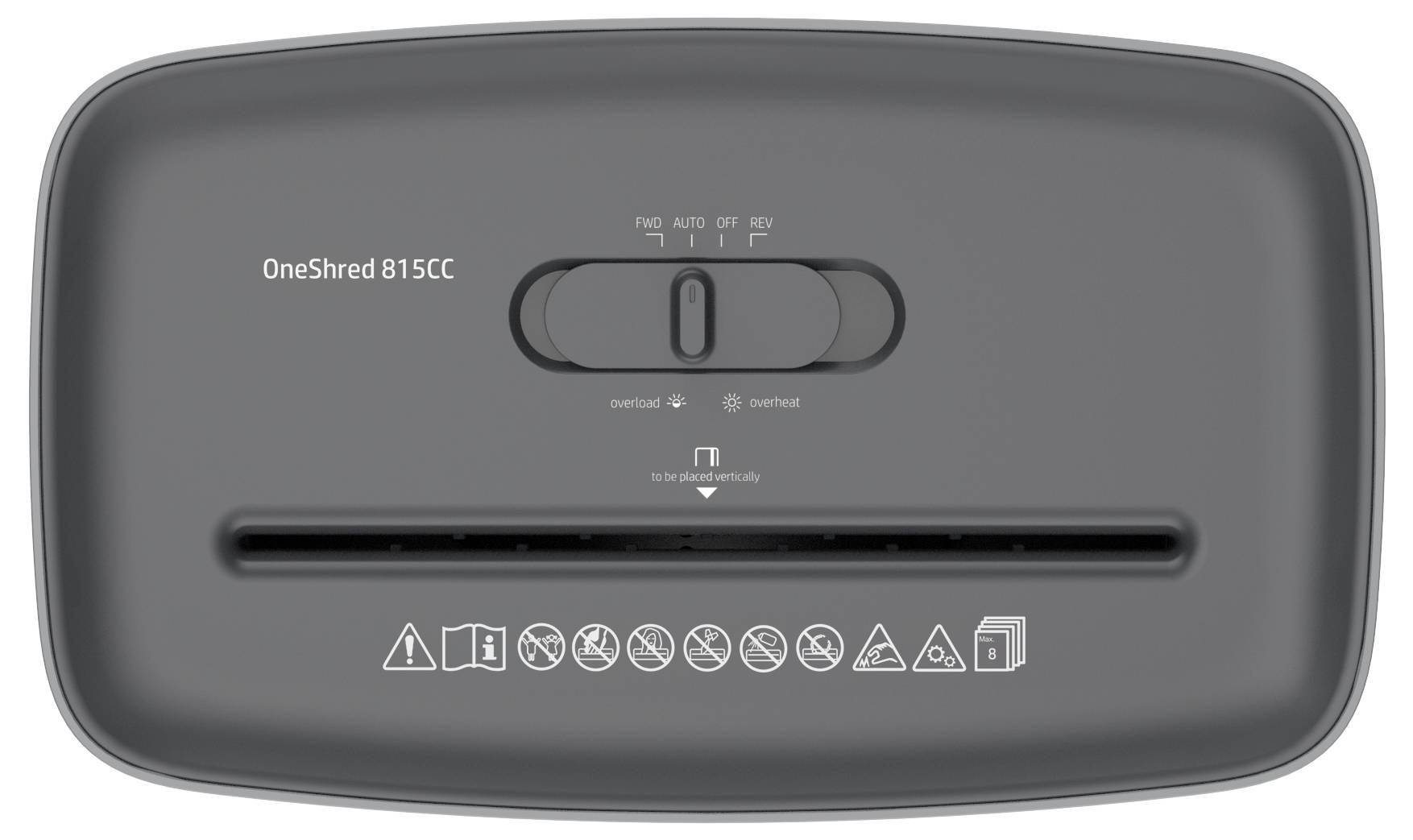 Draufsicht auf einen schwarzen Aktenvernichter mit Eingabeschlitz, Schieberschalter für Aus, Rückwärts und Automatik, sowie Symbole für Vorsicht und Bedienungsanleitung.