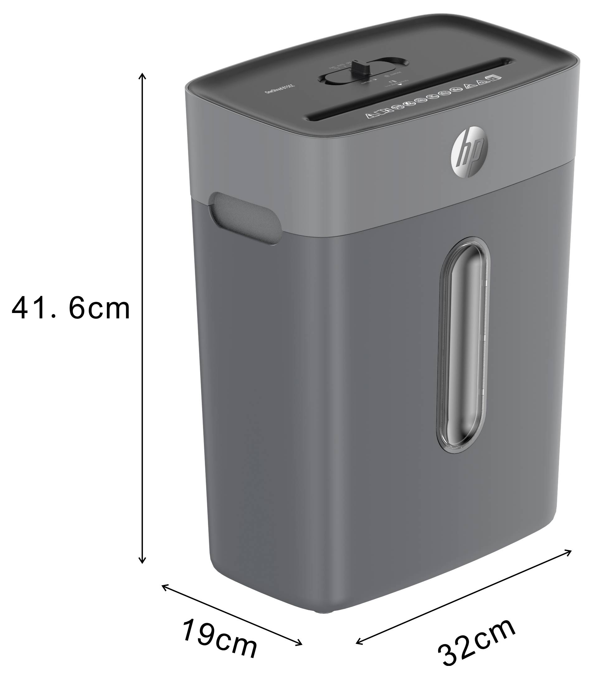 Dunkelgrauer Papierschredder mit den Abmessungen: 41,6 cm Höhe, 19 cm Breite und 32 cm Tiefe. Ovales Fenster an der Vorderseite.