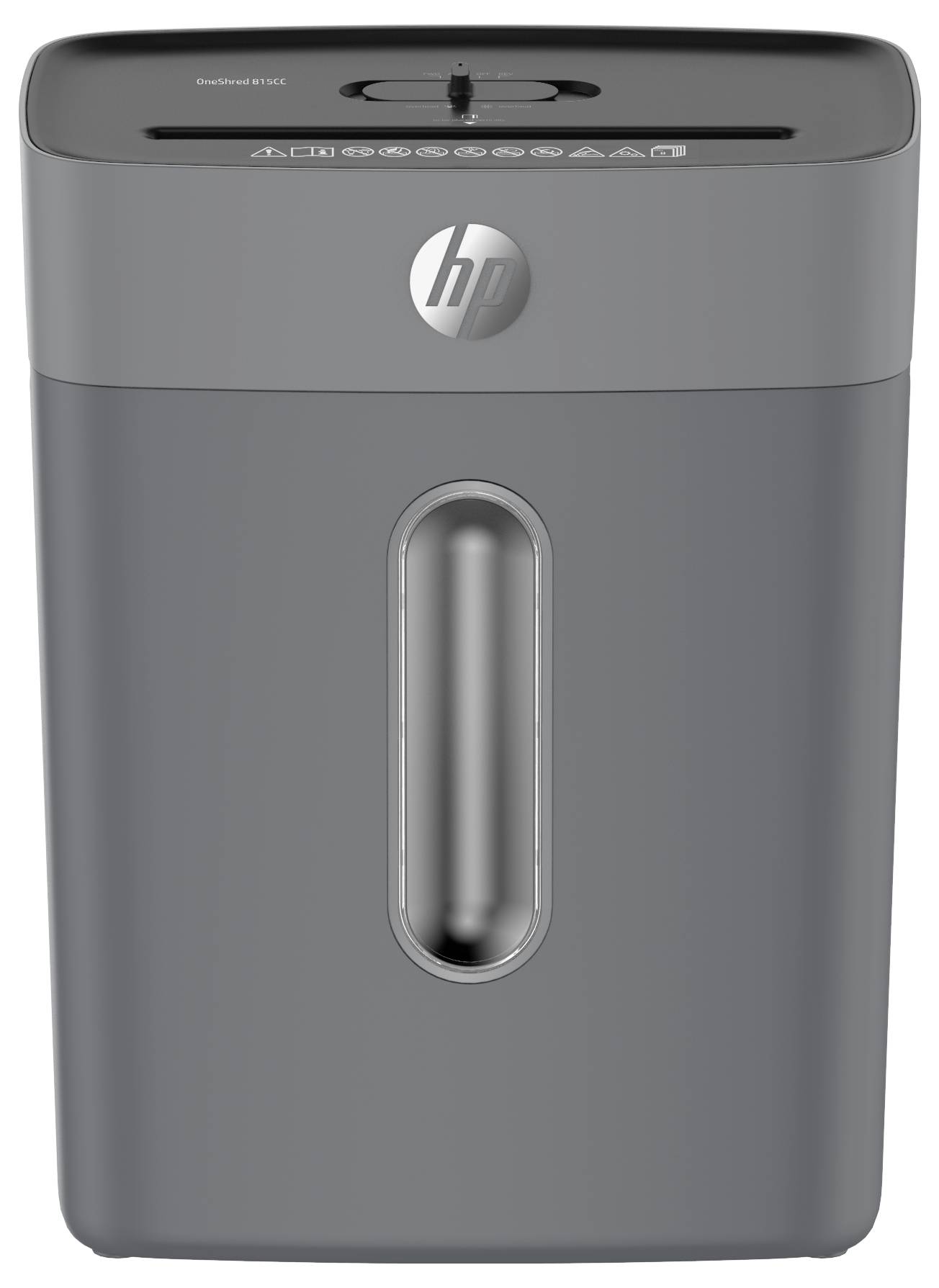 Ein grauer Papierschredder mit einem Fenster an der Vorderseite zur Anzeige des Papierstands, mit einem Bedienfeld oben.