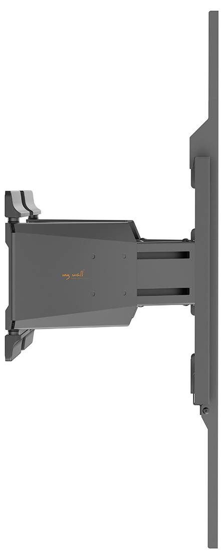 Seitenansicht einer wandmontierten Halterung mit einem verstellbaren Arm, der einen Flachbildschirm stützt.