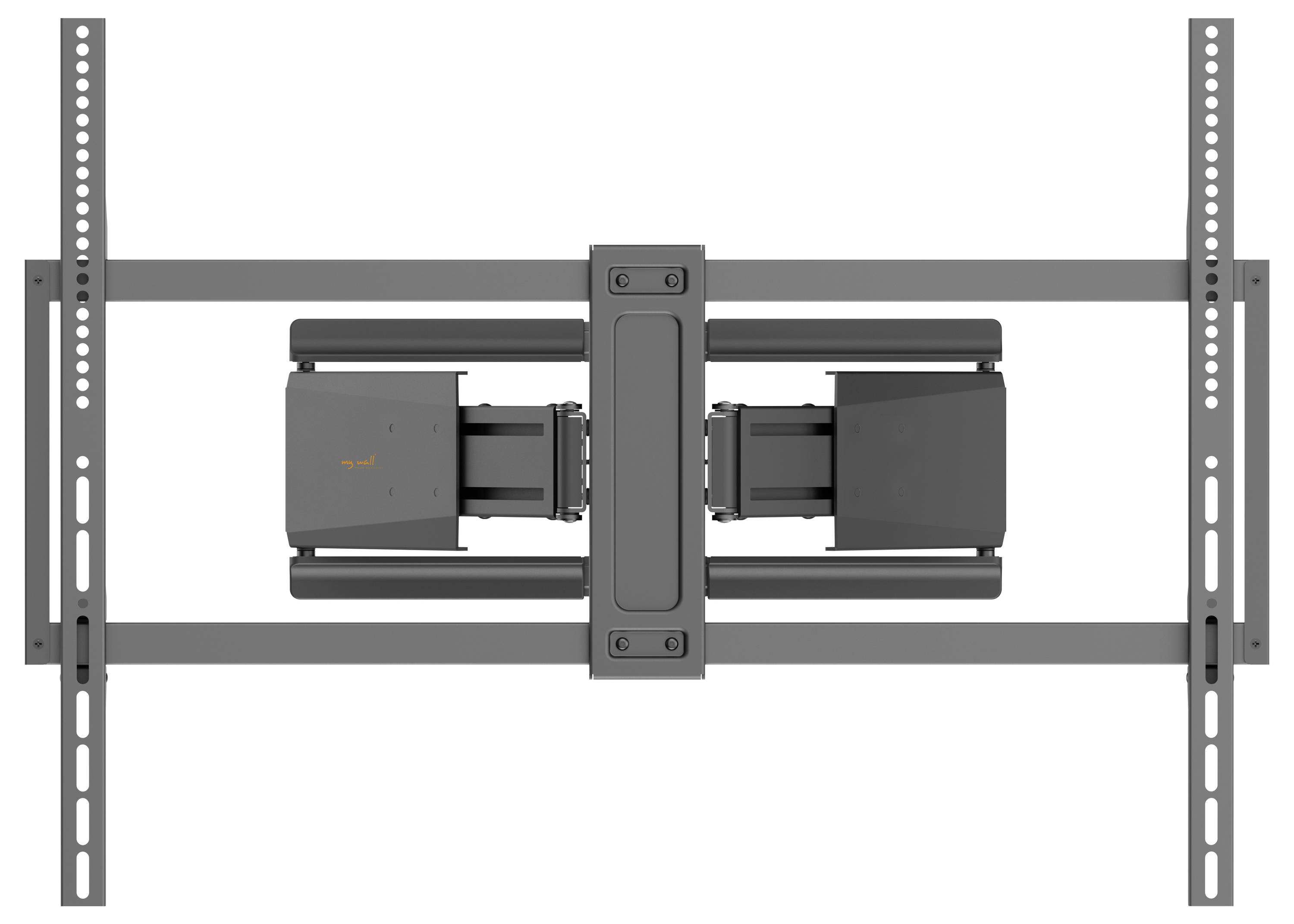 Eine Wandhalterung für einen Bildschirm mit dualer Armkonstruktion und verstellbaren Gleitvorrichtungen auf einem horizontalen Rahmen.