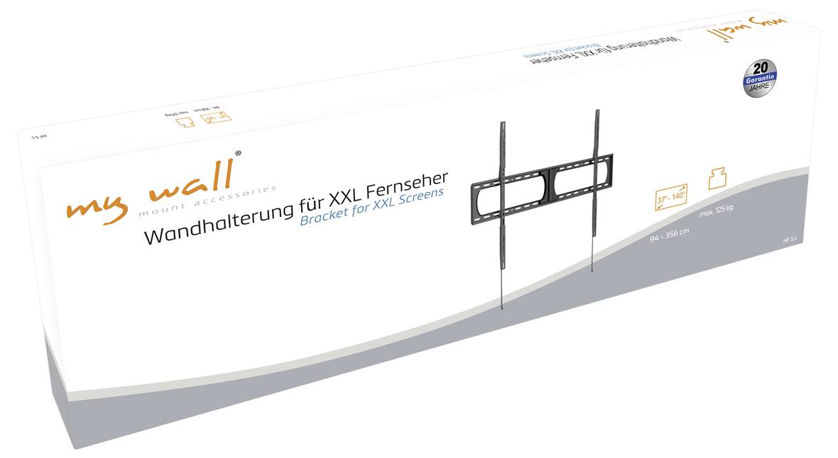 Box für 'my wall' TV-Wandhalterung für XXL-Bildschirme, unterstützt 60-100 Zoll Fernseher, zeigt Abbildung der Halterung und erwähnt 20-Jährige Garantie.