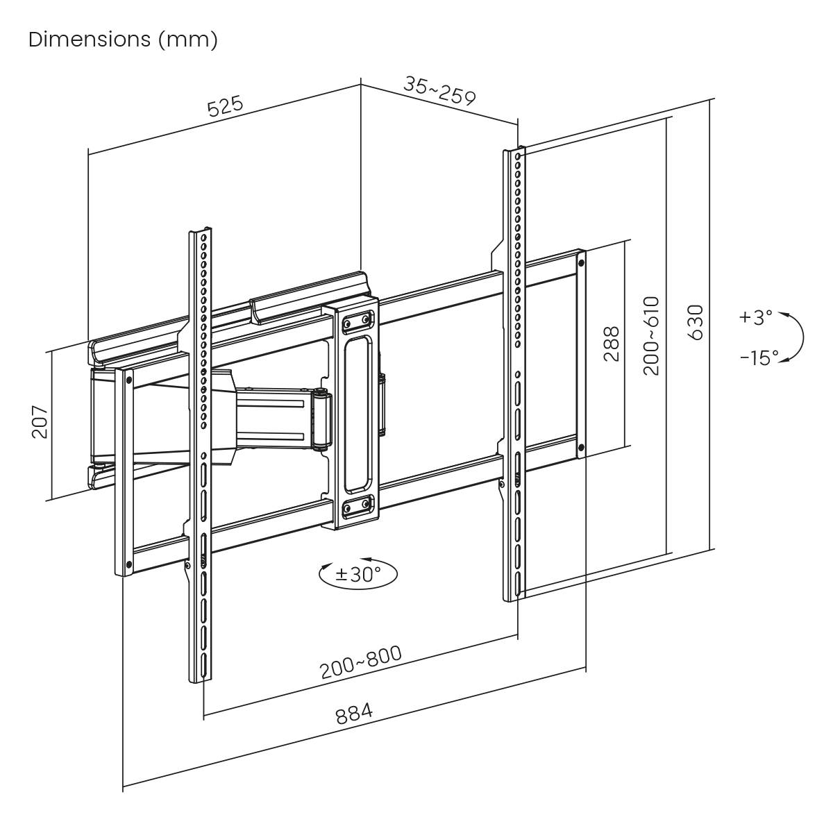 Diagramm einer Wandhalterung für Fernseher mit verstellbaren Abmessungen: Breite 525mm, Höhe 288mm, Tiefe 35-259mm, Neigung +3° bis -15°.