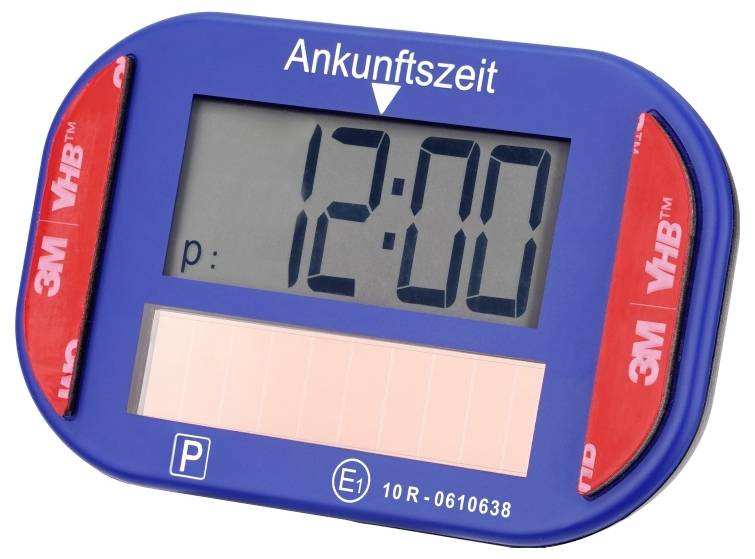 Eine digitale Parkscheibe zeigt den Text „Ankunftszeit