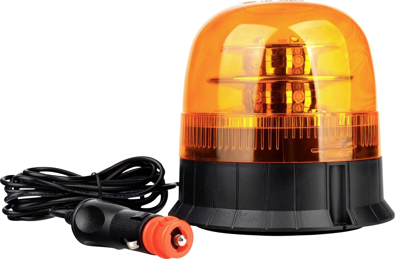 Orangefarbenes Warnlicht mit Kabel und Autoadapter, verwendet für Sicherheit und Signalisierung.