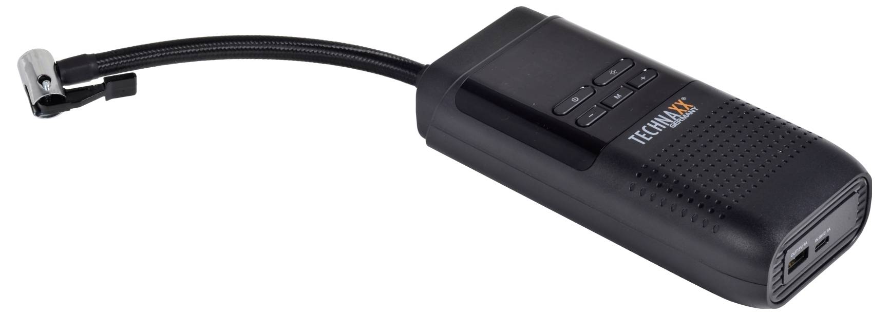 Tragbare Luftpumpe mit digitaler Anzeige und Tasten oben, ausgestattet mit flexiblem Luftschlauch und kompaktem Design mit „TECHMAX