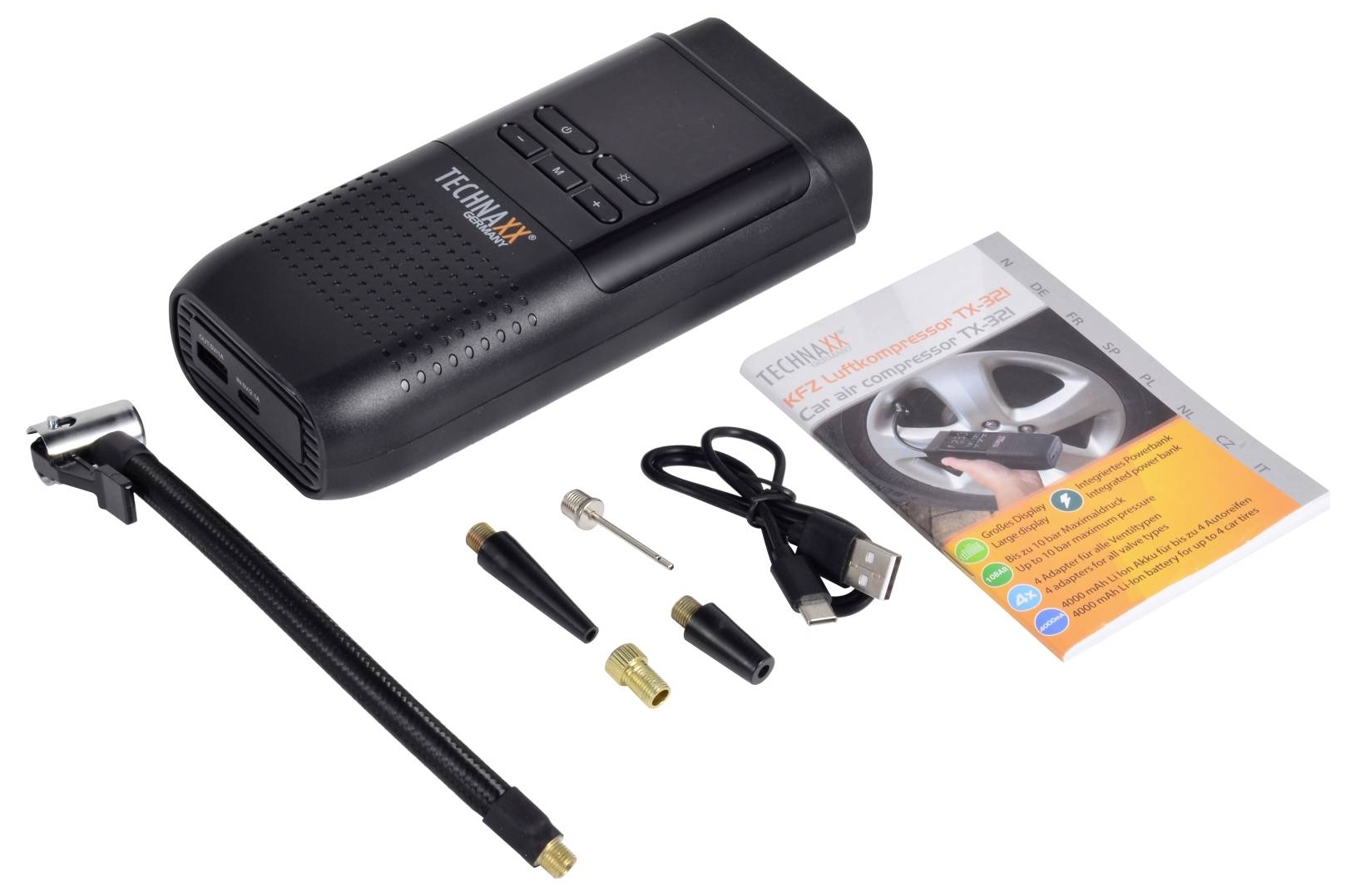 „Tragbarer schwarzer Reifenluftpumpe mit Schlauch, verschiedene Düsenadapter, USB-Kabel und Bedienungsanleitung zur Verwendung.