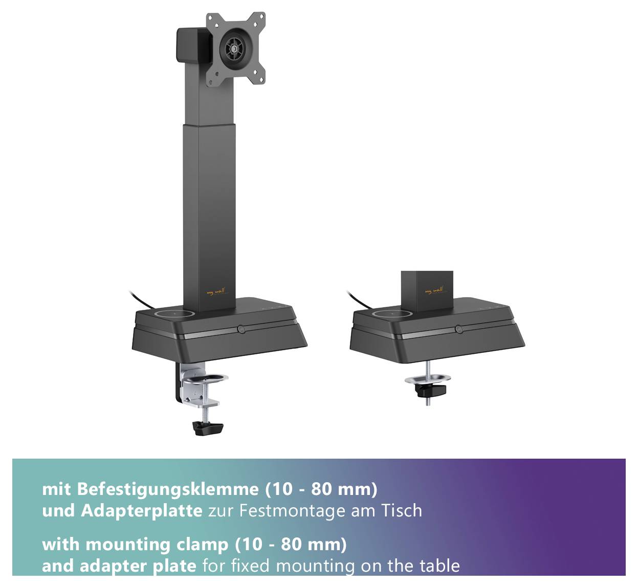 Monitorständer mit Adapterplatte und Klemmvorrichtung für Tischinstallation (10 - 80 mm).