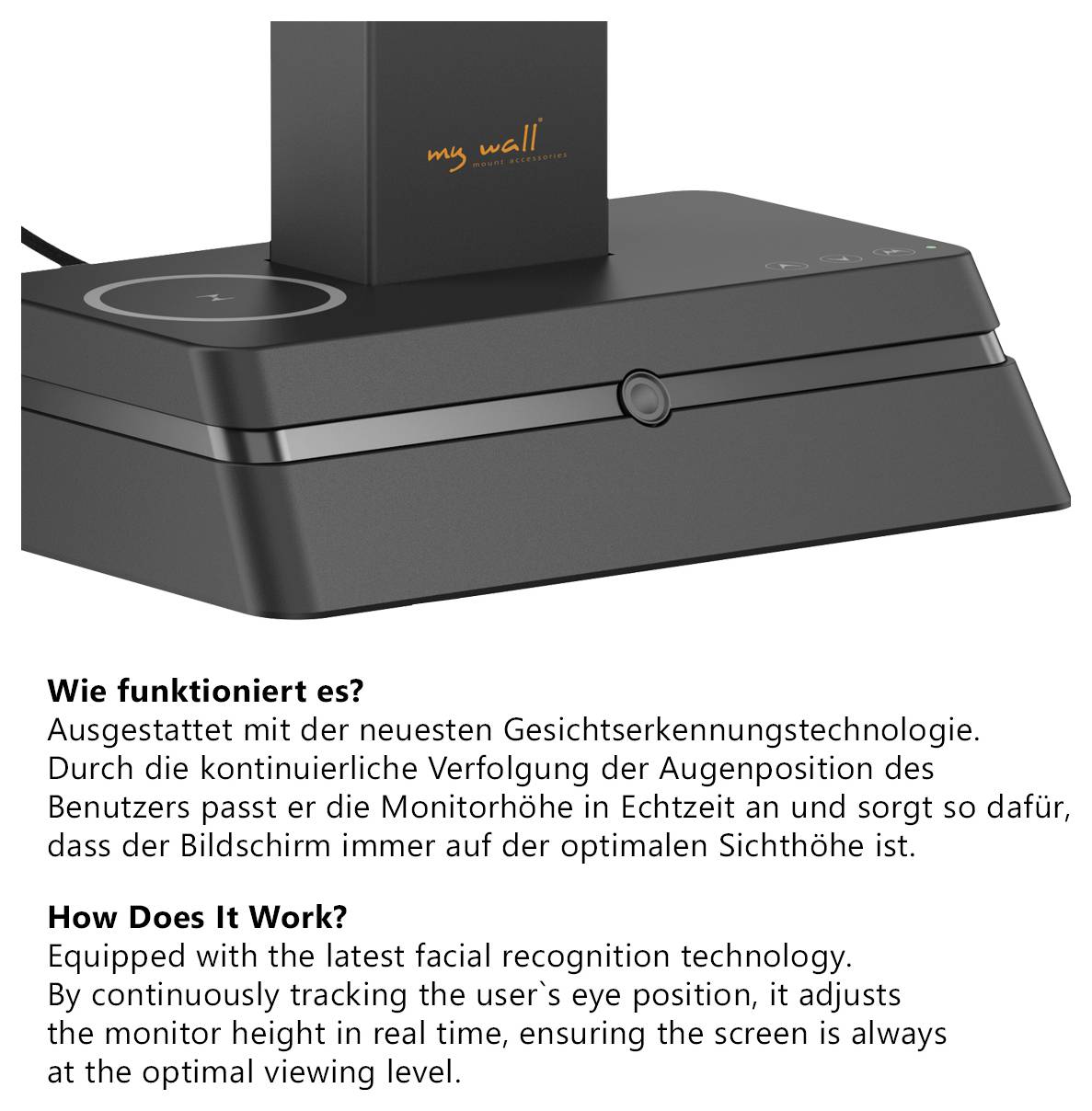 Wie funktioniert es? Ausgestattet mit Gesichtserkennungstechnologie zur optimalen Sicht. Wie funktioniert es? Verfolgt die Augenbewegung für optimale Sicht.