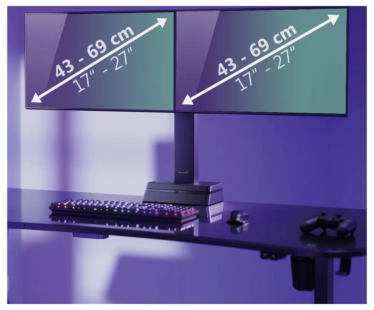 Zwei Monitore auf einem Schreibtisch, verstellbar zwischen 43-69 cm (17