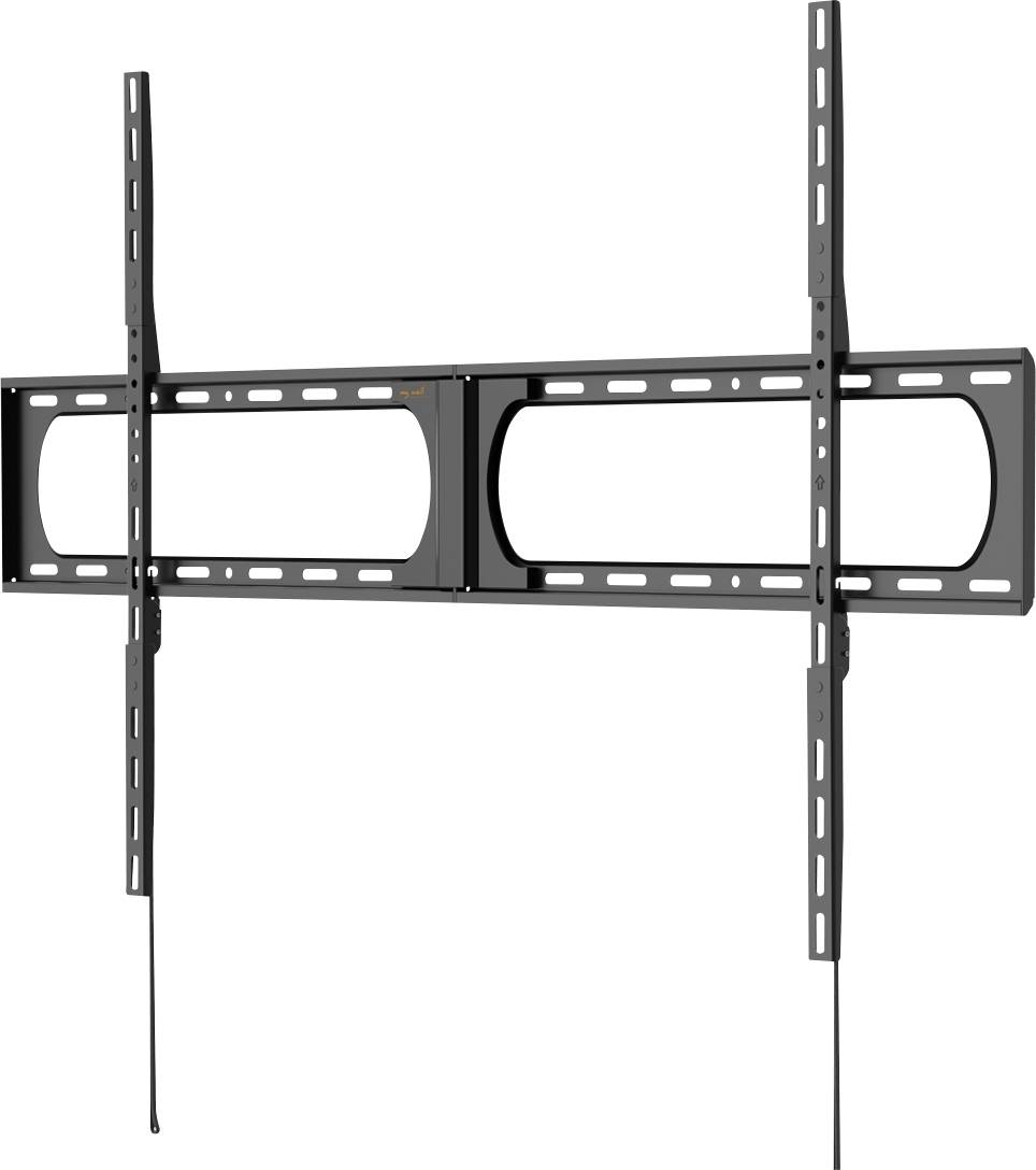 Eine schwarze, flache TV-Wandhalterung mit verstellbaren Armen und langen Halterungen, die entwickelt wurde, um große Flachbildfernseher sicher zu halten.