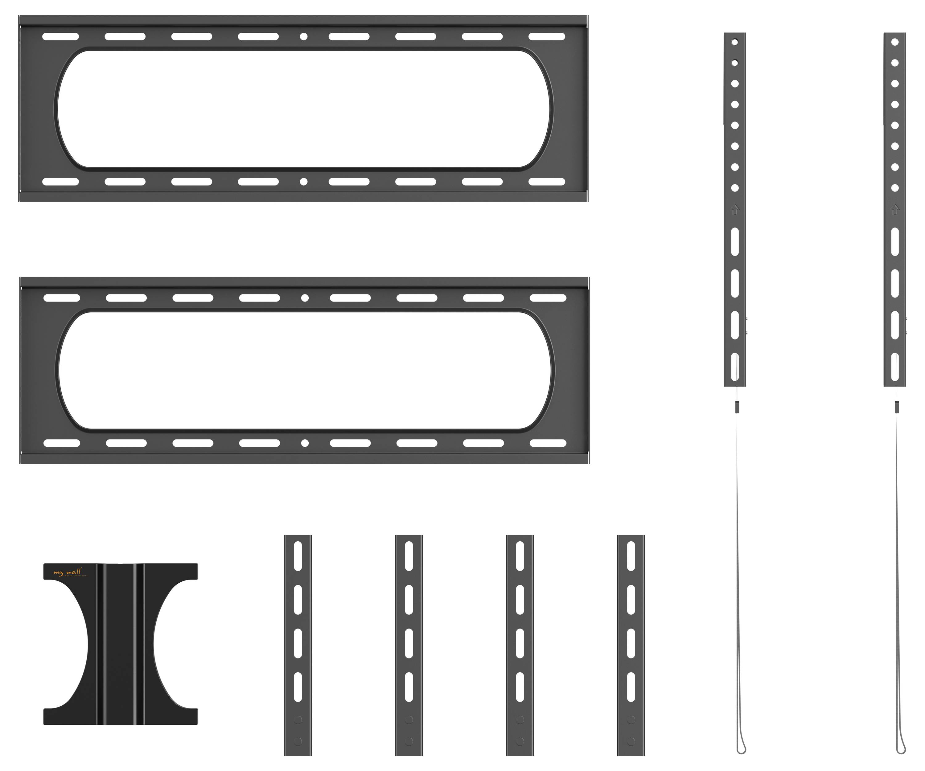 Wandmontageklammerkit mit zwei langen Klammerverteilen mit mehreren Bohrungen, sechs kleineren Klammerverteilern, einem Basiselement und einem Drahtkabel.