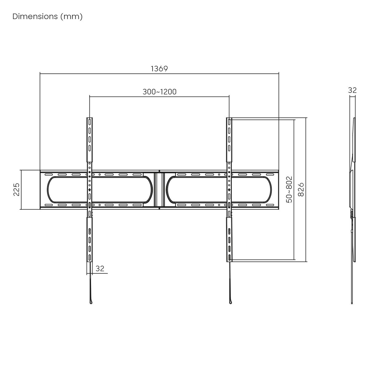 'Abmessungen (mm)' Diagramm zeigt eine Struktur mit einer Breite von 1369mm, variablem Abstand von 300-1200mm und einer Höhe von 826mm. Die Seitenhöhe beträgt 32mm.