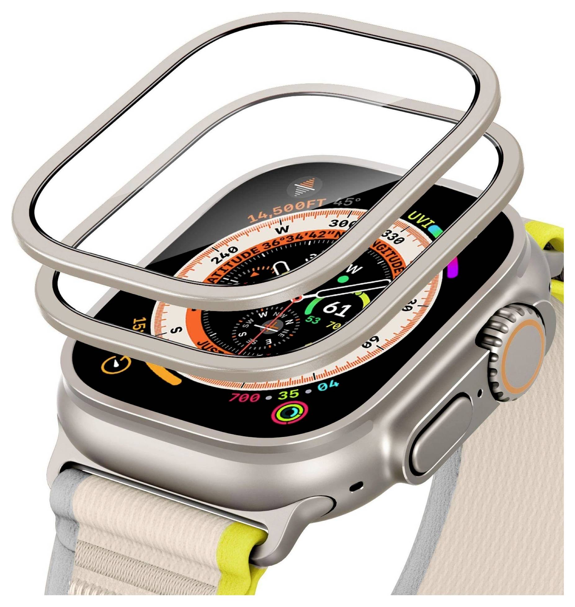 Eine Smartwatch mit einer Kompassanzeige wird gezeigt, mit geschichteten Glaschutzfolien darüber, die den Bildschirmschutz hervorheben.