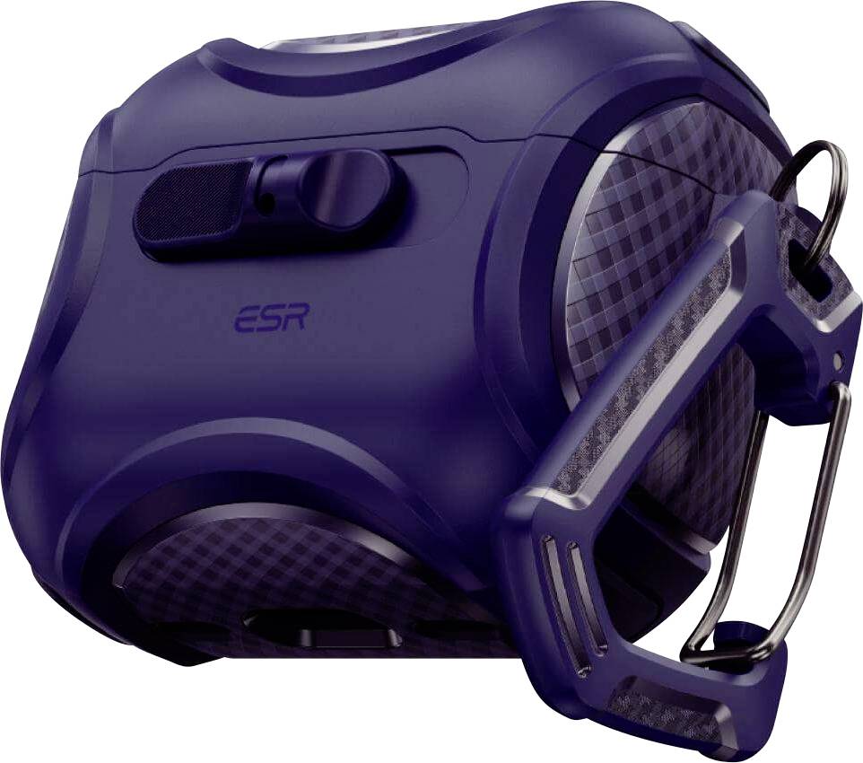 Ein dunkles violettes, kompaktes Kreiselspielzeug mit kariertem Muster, mit einem Schalter und einem metallischen Ring ausgestattet und die Marke „ESR