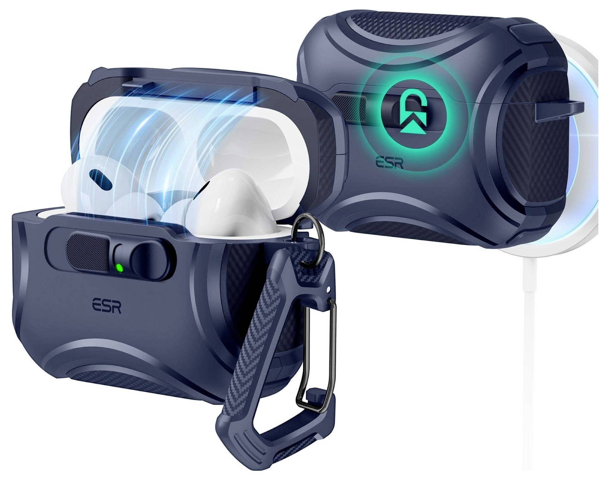 Zwei blaue kabellose Earbud-Etuis, eines offen mit sichtbaren Earbuds, das andere geschlossen mit leuchtend grünem Logo. Ein Karabiner ist an einem der Etuis befestigt.