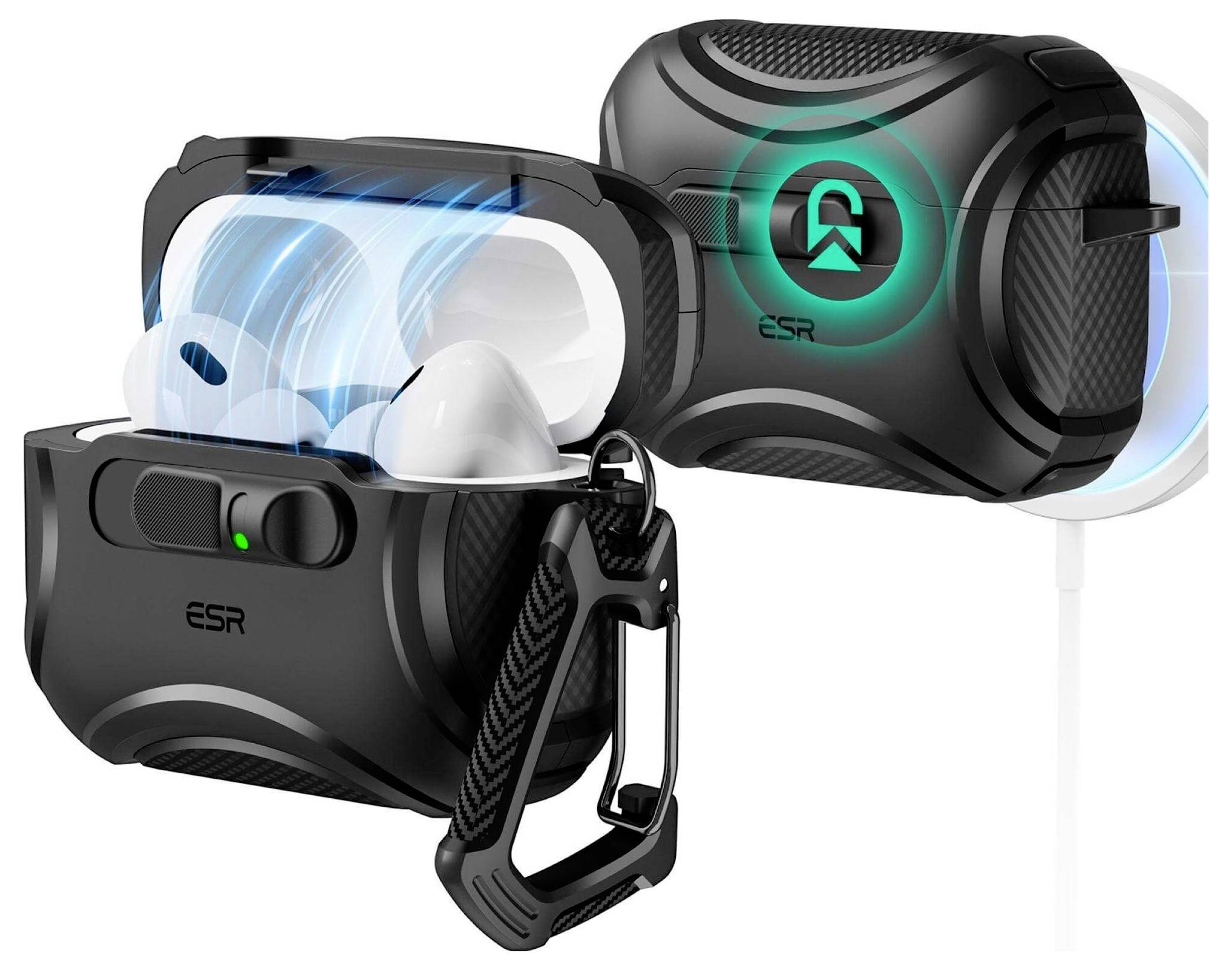 Schwarze Airpods-Hüllen mit Kohlefaser-Textur, LED-Ladeindikatoren und Magnetdeckel, die Luftstromfunktionen und kabelloses Laden präsentieren.