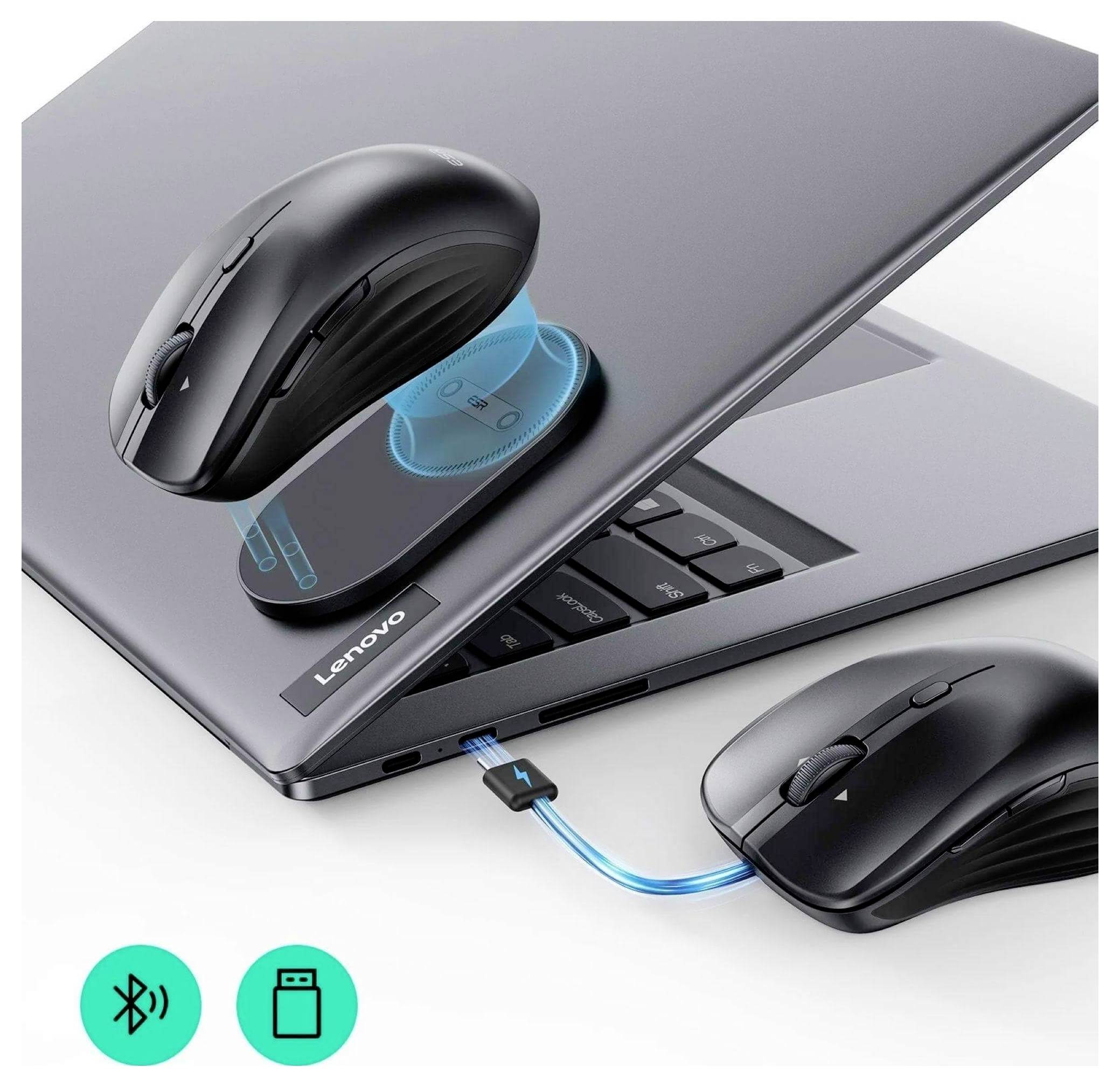 Eine schwarze kabellose Maus mit USB-Empfänger, die mit einem silbernen Laptop verbunden ist. Eine Illustration zeigt Bluetooth- und USB-Konnektivitätsoptionen.