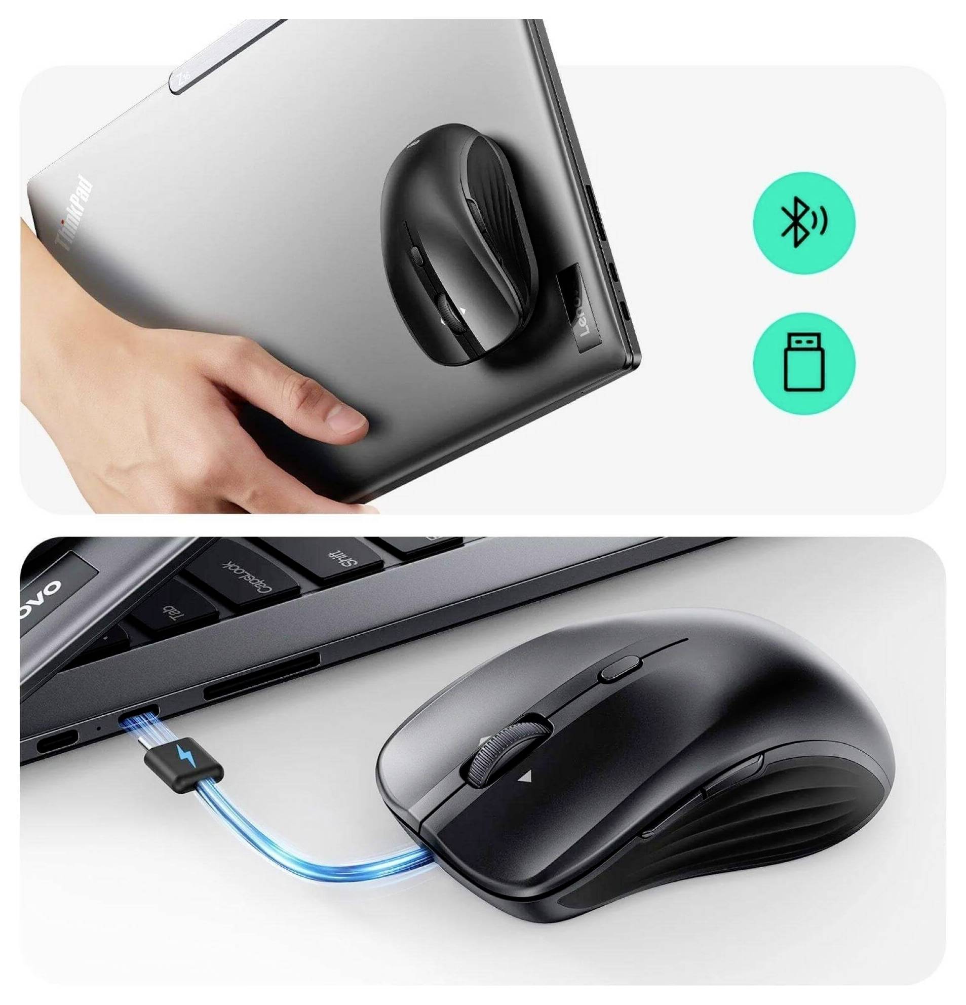 Eine abnehmbare kabellose Maus, die an einen Laptop angeschlossen ist und Bluetooth- und USB-Konnektivitätsoptionen zeigt. Ein anderes Bild zeigt die Maus beim Laden.