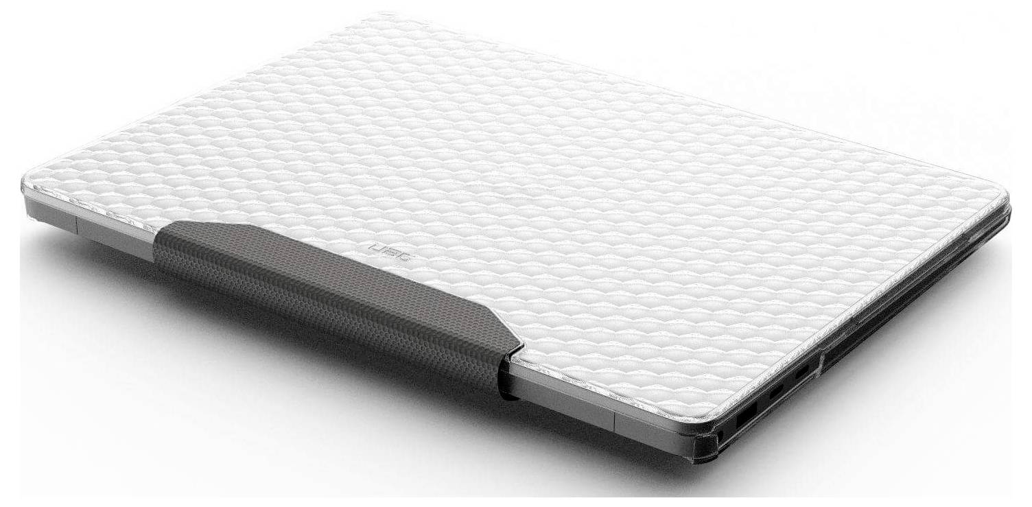 Ein geschlossener Laptop mit einer weißen, strukturierten gemusterten Oberfläche und einem metallischen Scharnier, auf einem einfachen Hintergrund platziert.