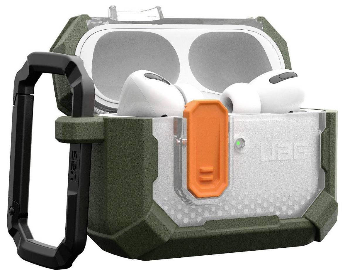 Tragbare Kopfhörer-Schutzhülle in Grün und Schwarz mit orangefarbenem Verschluss und Karabinerhaken, in der zwei weiße Kopfhörer zu sehen sind.