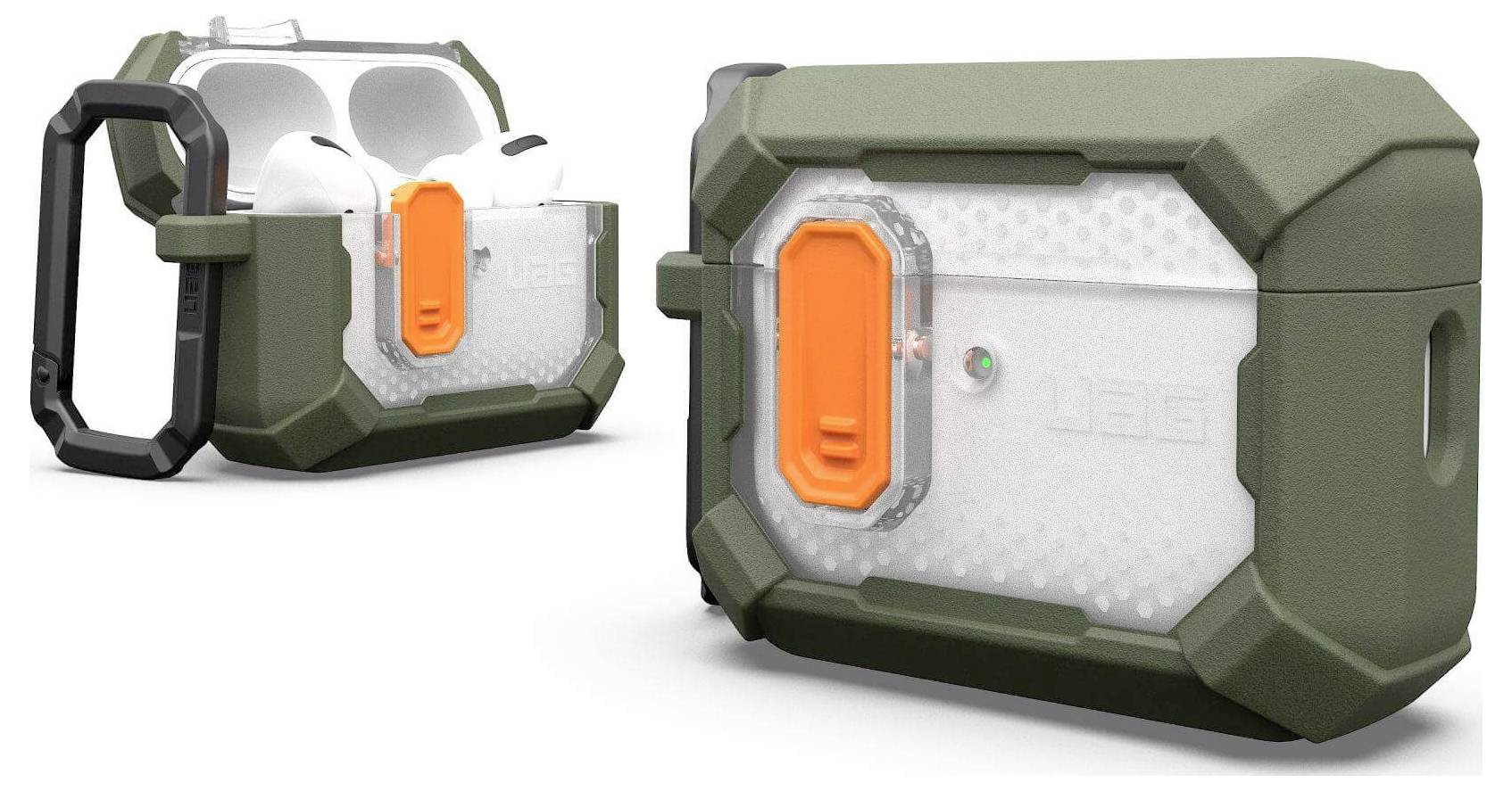 UAG Rugged Case für AirPods in Olive und Orange, zeigt offenen und geschlossenen Zustand. Langlebiges Design zum Schutz.