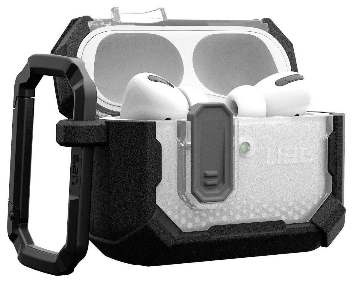 Schutzhülle für kabellose Ohrhörer mit robustem Design, transparentem Deckel, schwarzem Rand und angebrachtem Karabinerhaken.