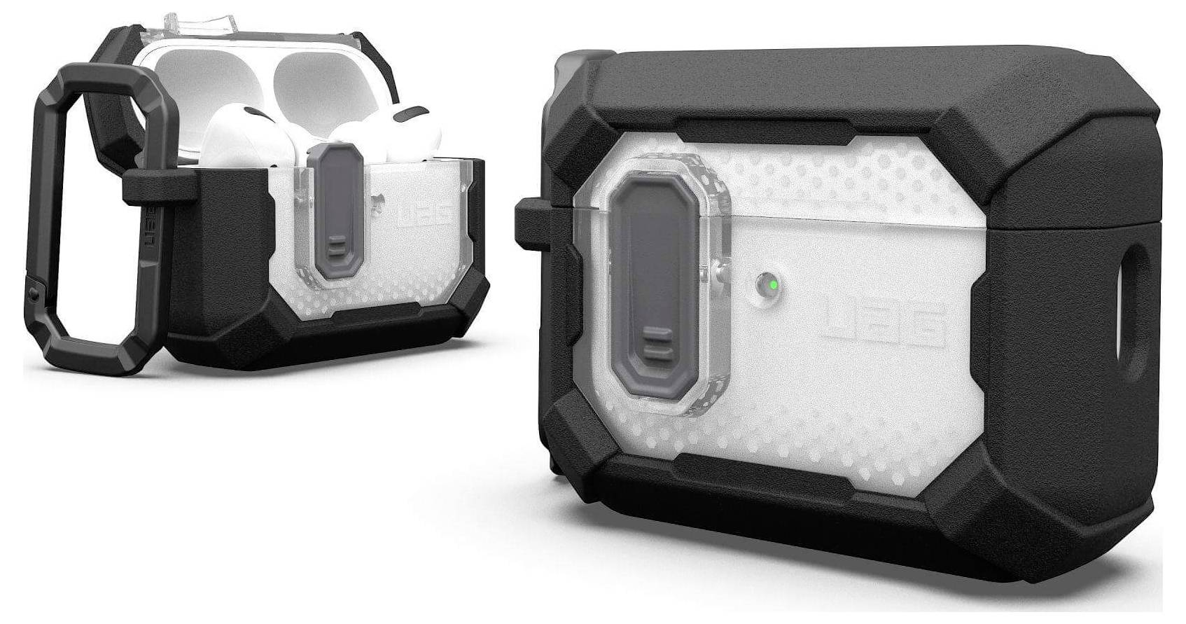 Schützende schwarz-weiße UAG-Hüllen für AirPods mit robustem Design und sicherem Clip, die Langlebigkeit betonen.