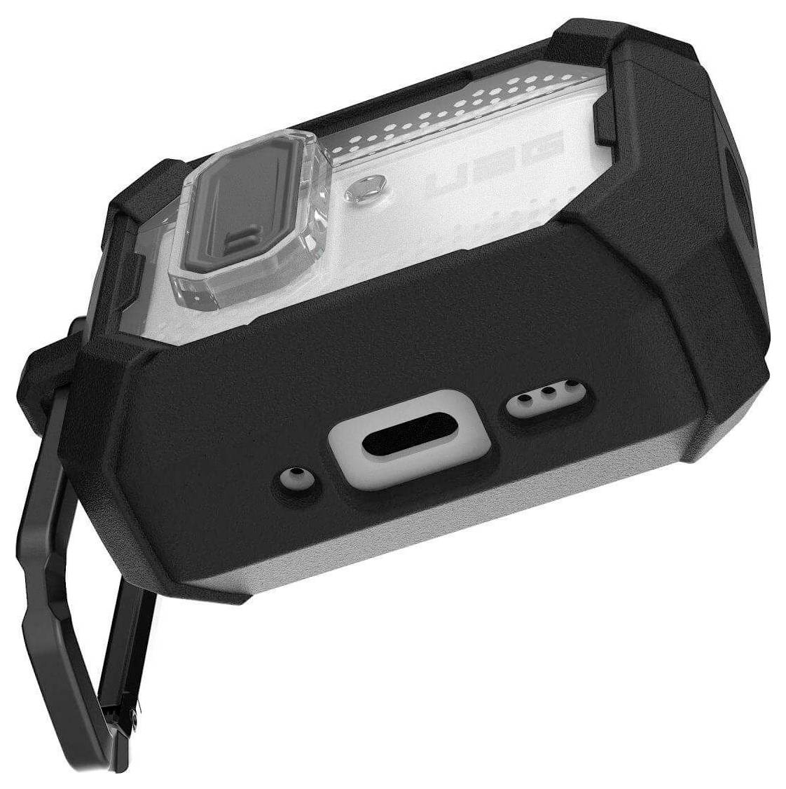 Ein schützendes schwarzes und transparentes Gehäuse mit robustem Design, Öffnungen für Anschlüsse und einem Clip an der Seite, geeignet für elektronische Geräte.